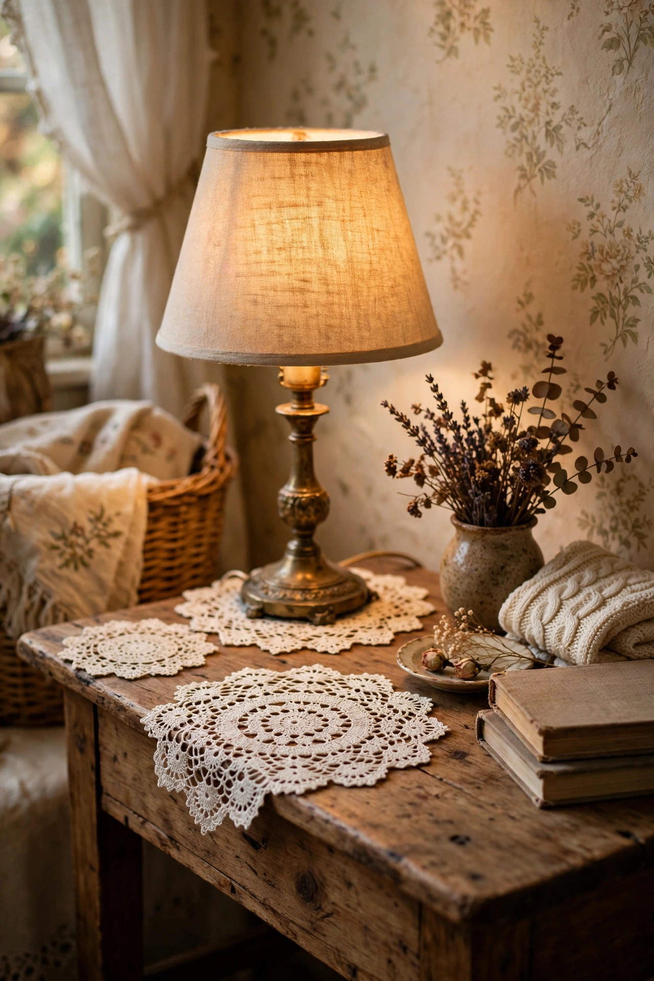 Handmade doilies layered under a lamp and on tables in a cottagecore living room