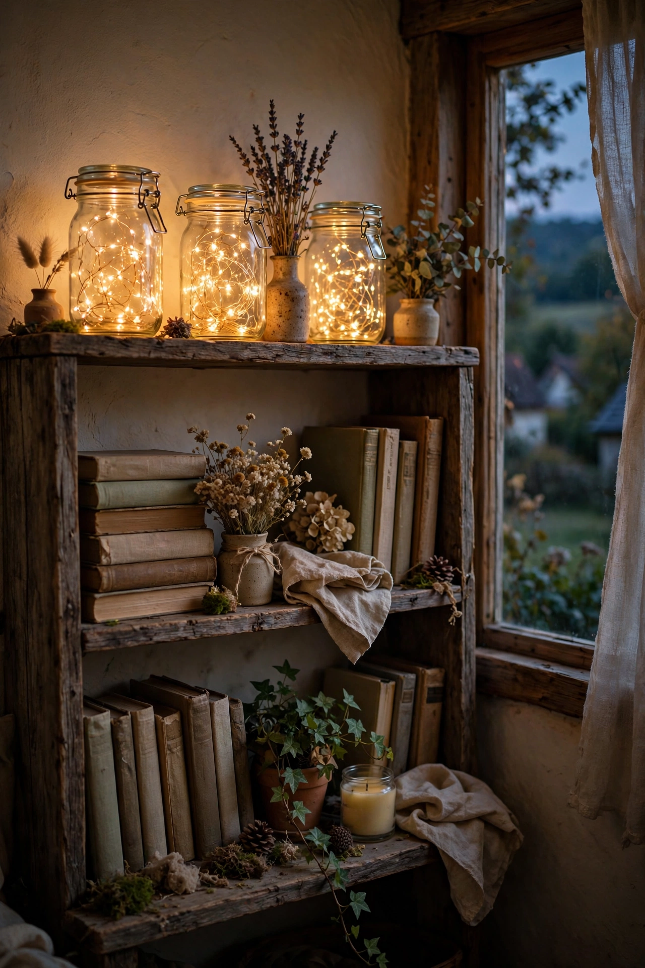 Mason jars with warm fairy lights glowing on a cottagecore bookshelf at dusk