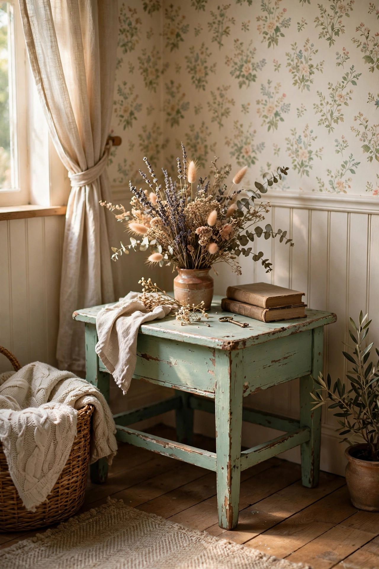 Chippy mint-green painted side table with perfect vintage wear in a cottagecore room