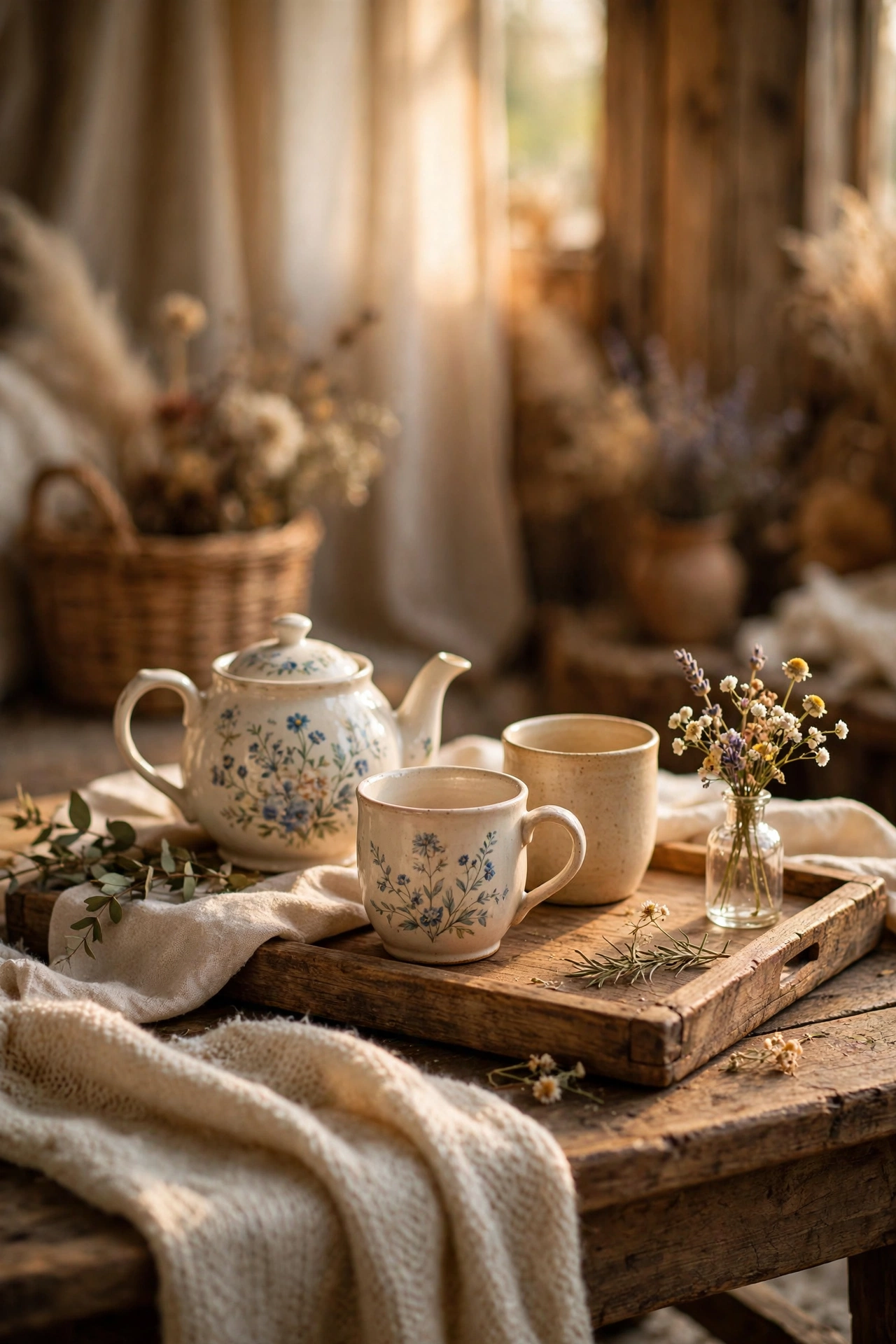 Pretty tea tray with floral teapot and cups styled on a cottagecore coffee table