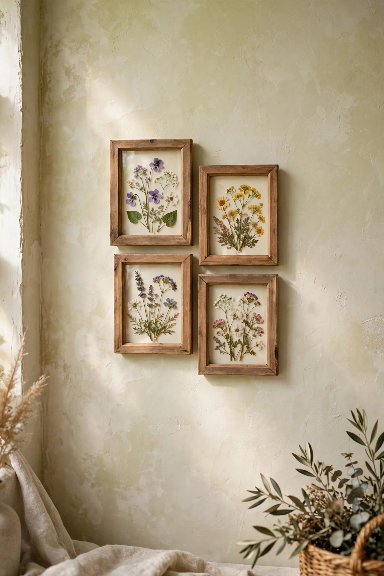 Handmade pressed flower art in thrifted frames hung as a cottagecore cluster
