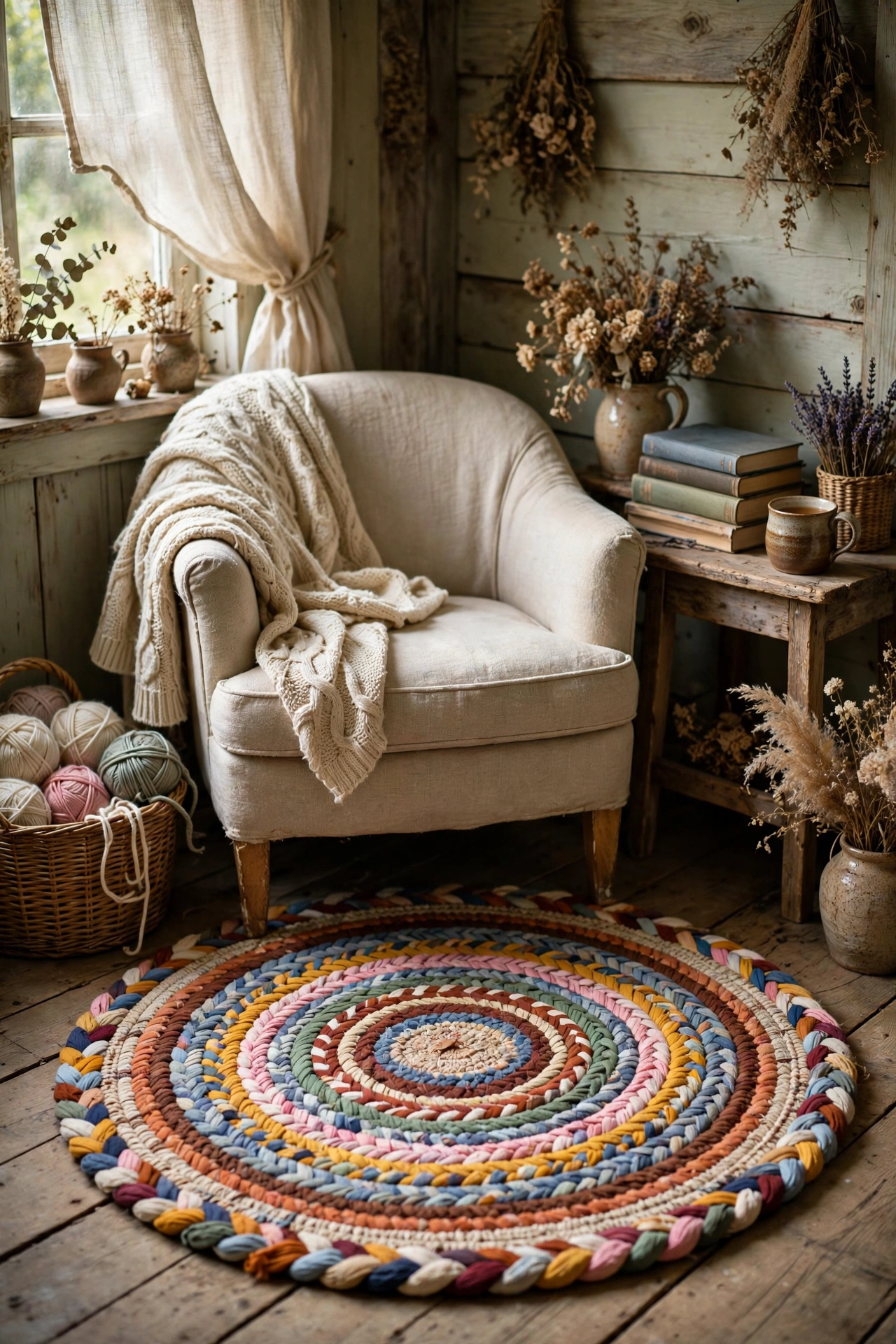 Colorful braided rag rug anchoring a cottagecore reading corner