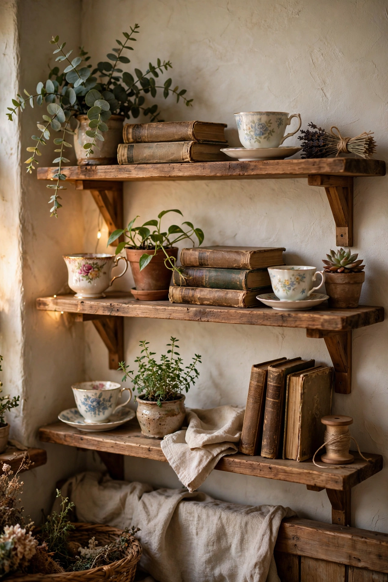 Open shelves styled with teacups plants and vintage books in a cottagecore living room