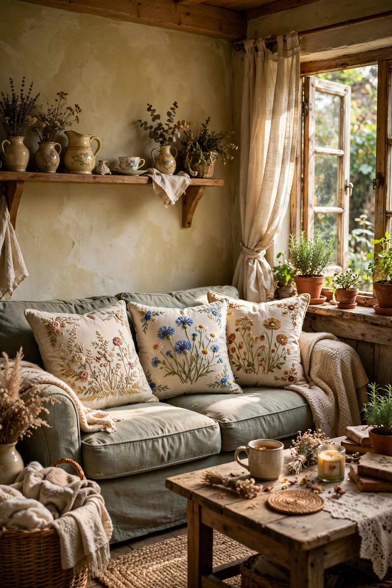 Hand-embroidered floral pillows collected from thrift stores on a cottagecore sofa