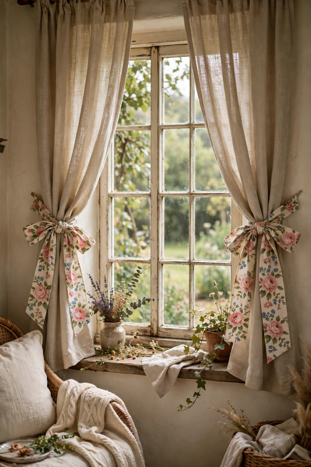 Curtains tied back with wide floral ribbon for a romantic cottage window