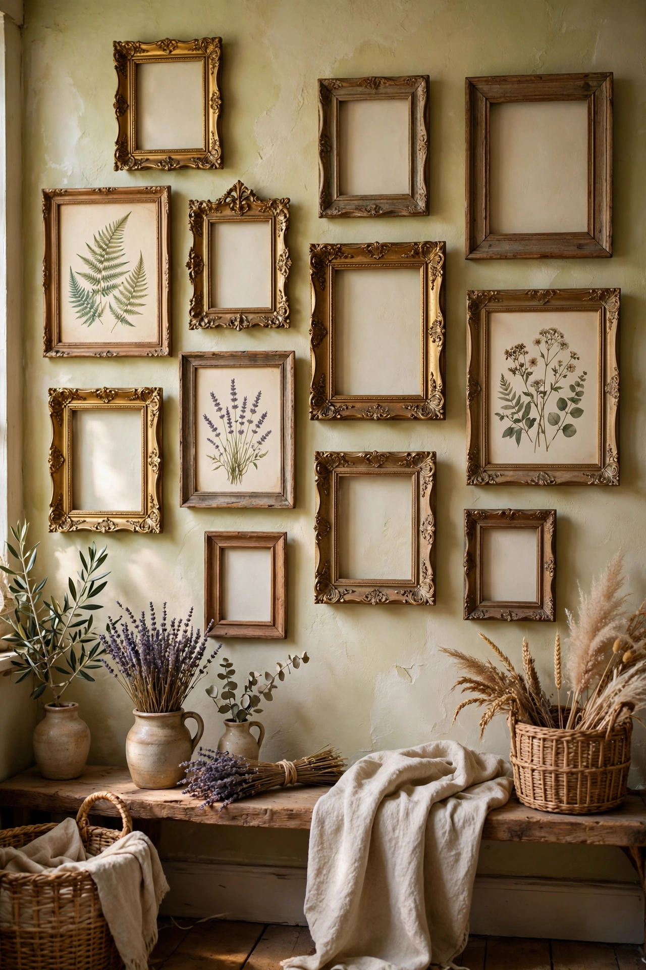 Gallery wall of ornate vintage frames some filled some empty in a cottagecore room