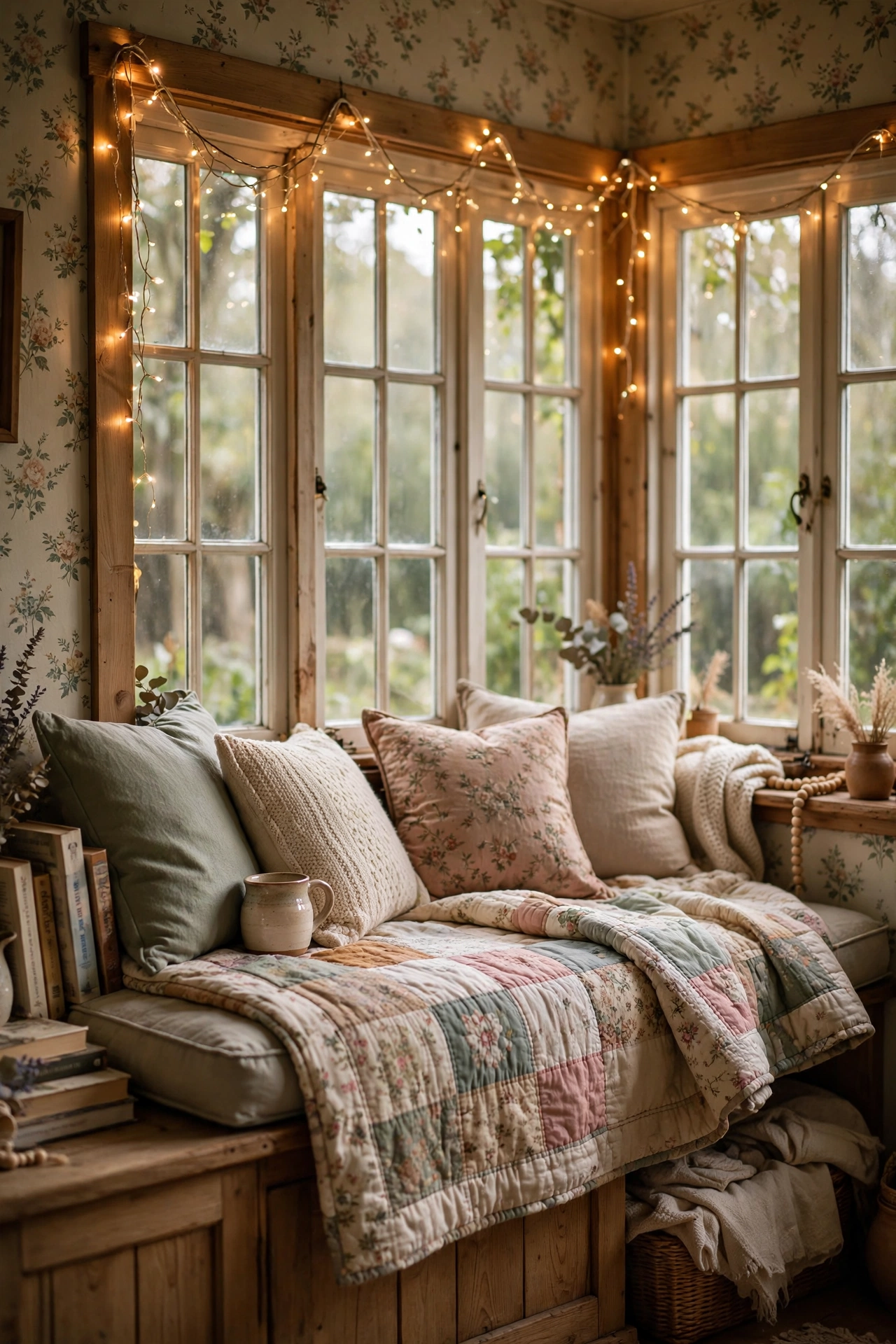 Cozy window seat nook with cushions quilt and fairy lights for reading