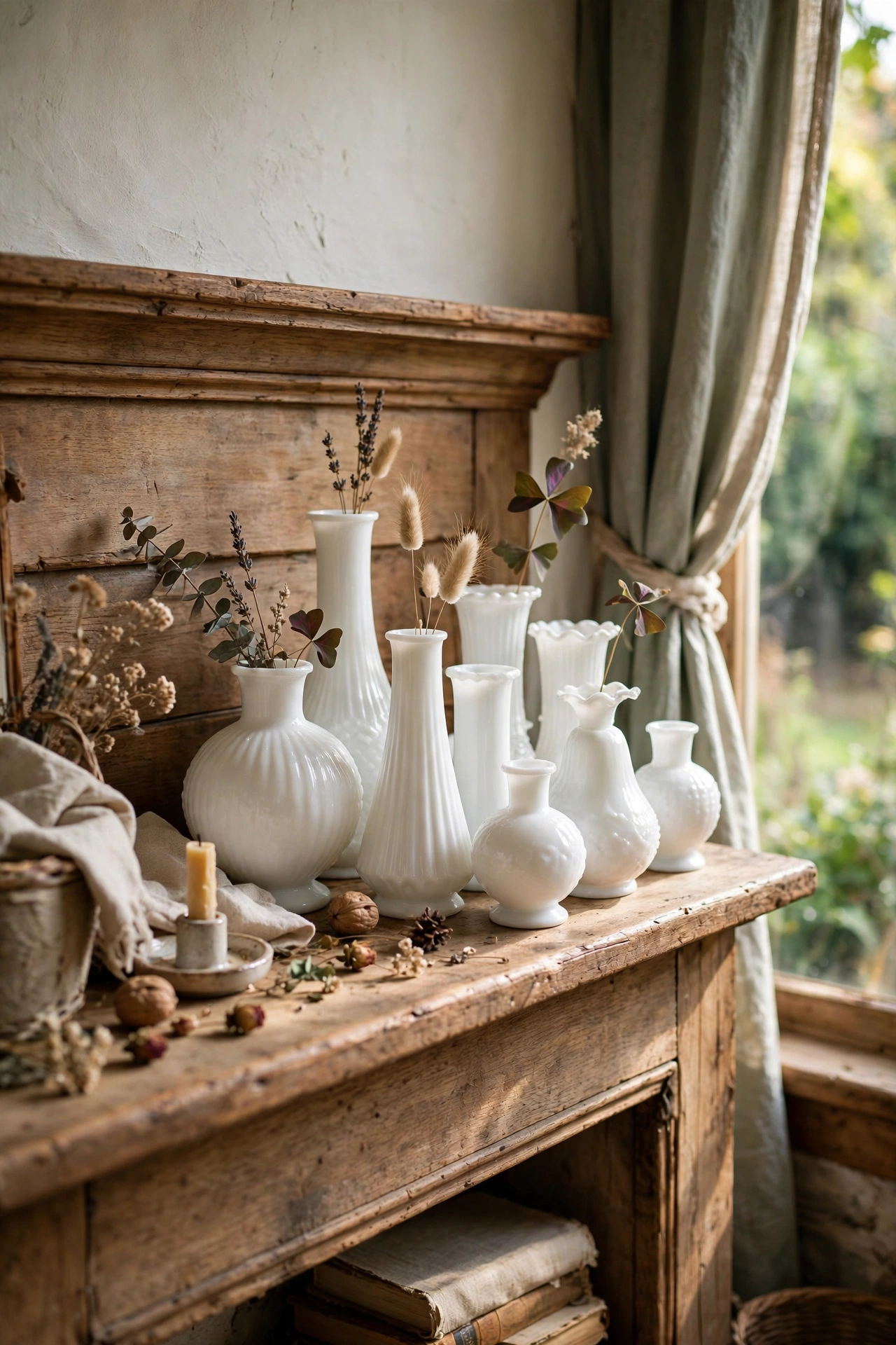Collection of white milk glass vases grouped on a cottagecore mantel