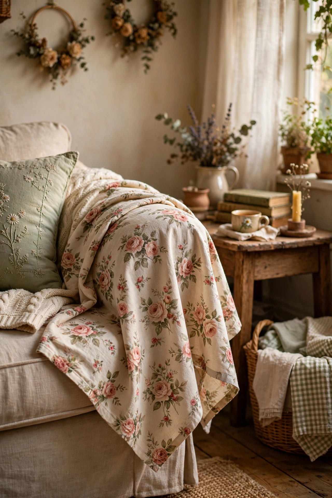 Vintage floral tablecloth draped as a throw over a cottagecore sofa arm