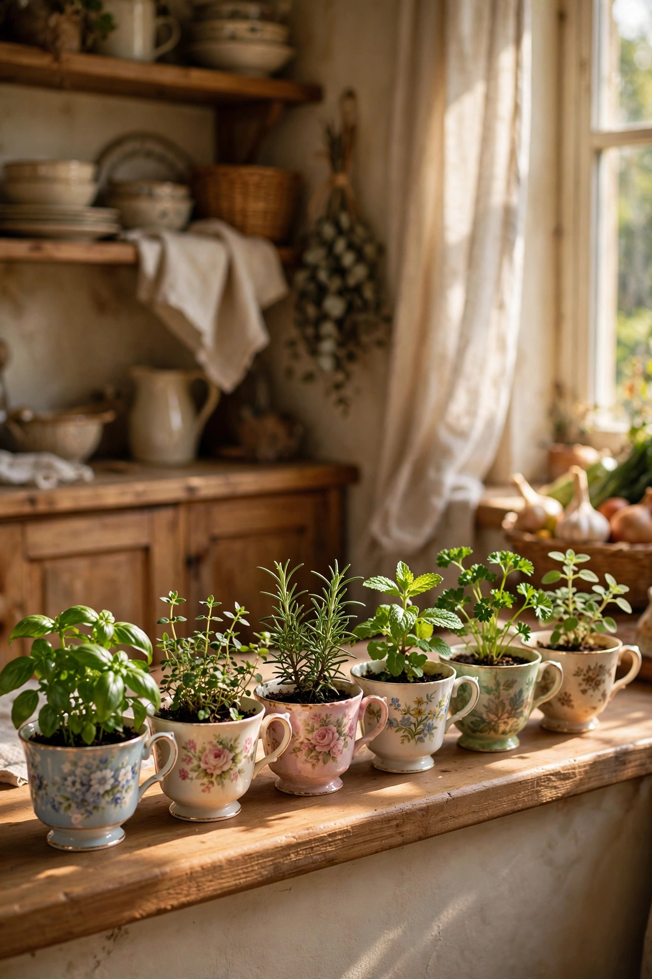 Row of small herb pots in teacups on a sunny cottagecore windowsill