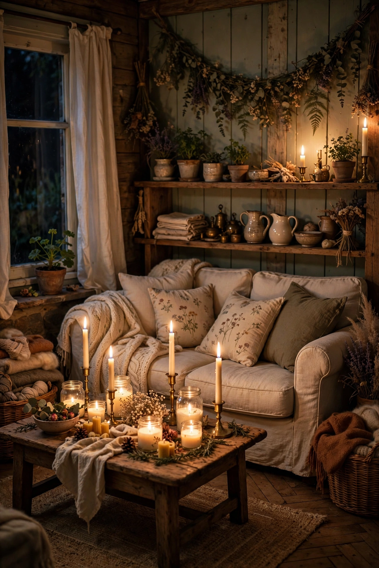 Cottagecore living room glowing with lit candles in brass holders at night