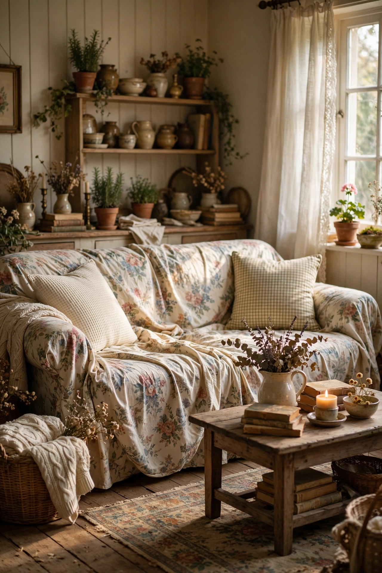 Sofa transformed with a thrifted floral slipcover in a cottagecore living room