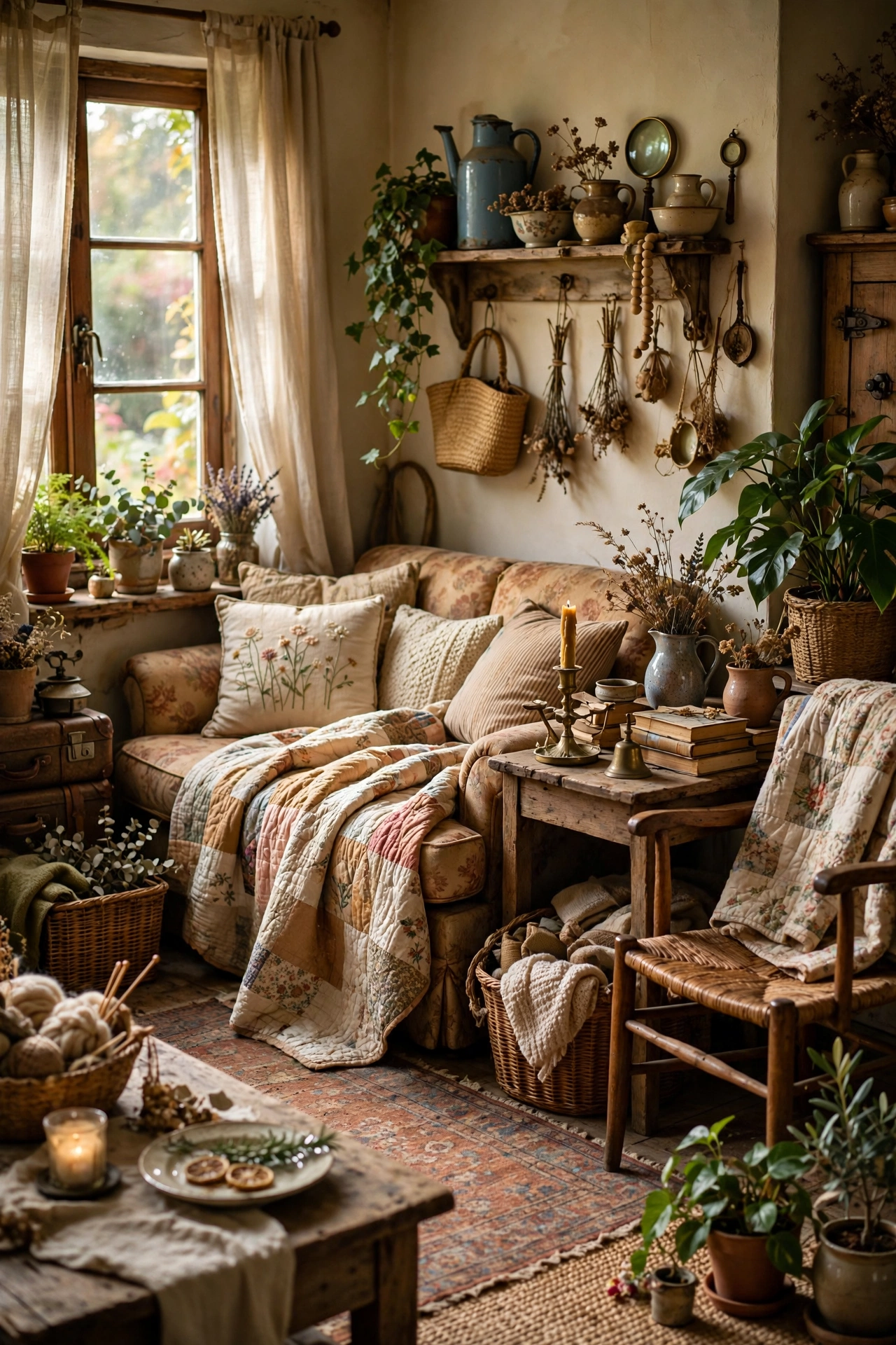 Slowly collected cottagecore living room gathered over years of thrift trips
