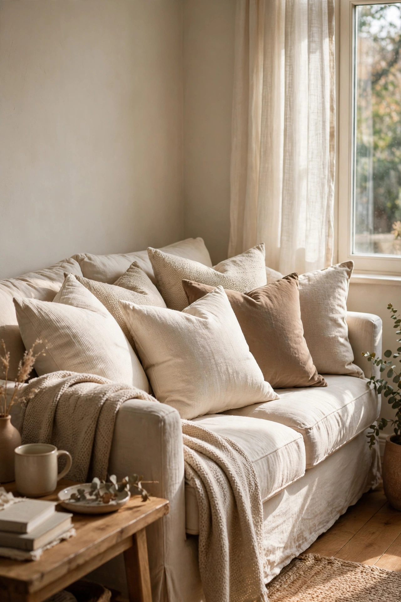 Sofa dressed in three close beige tones, cream, oatmeal and taupe pillows