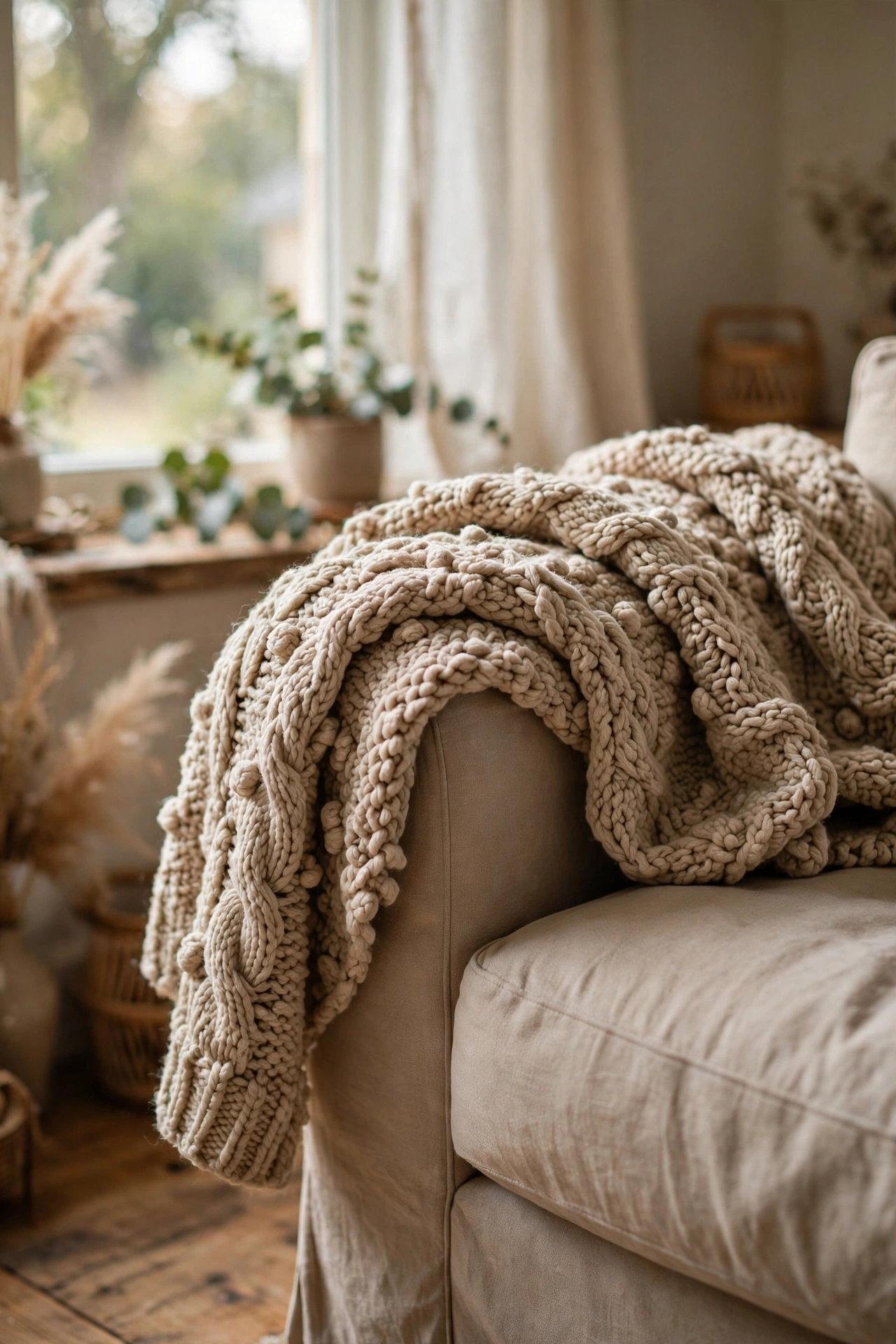 Oatmeal chunky knit throw draped over a beige sofa arm