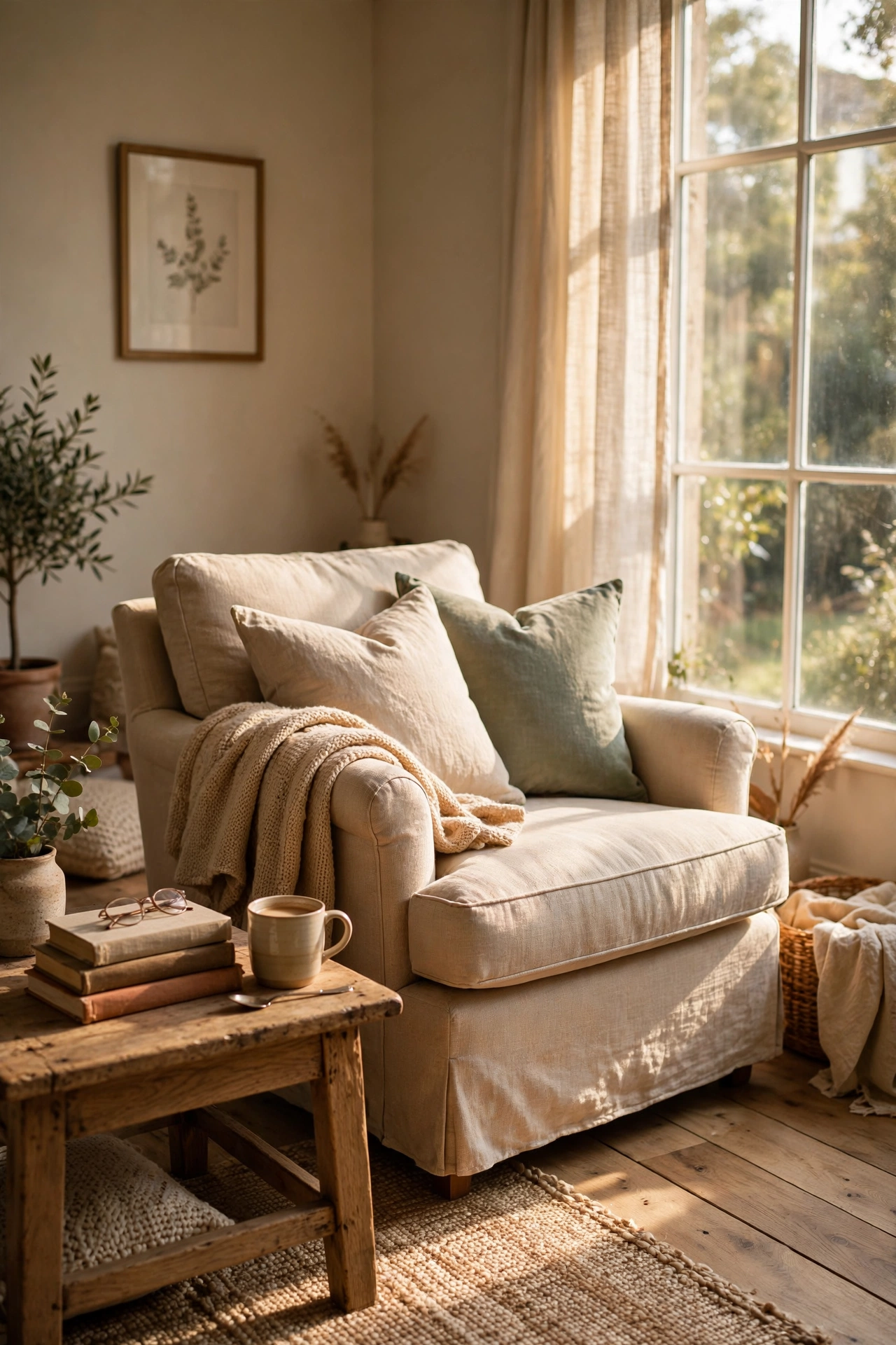 Reading chair moved to catch warm natural window light