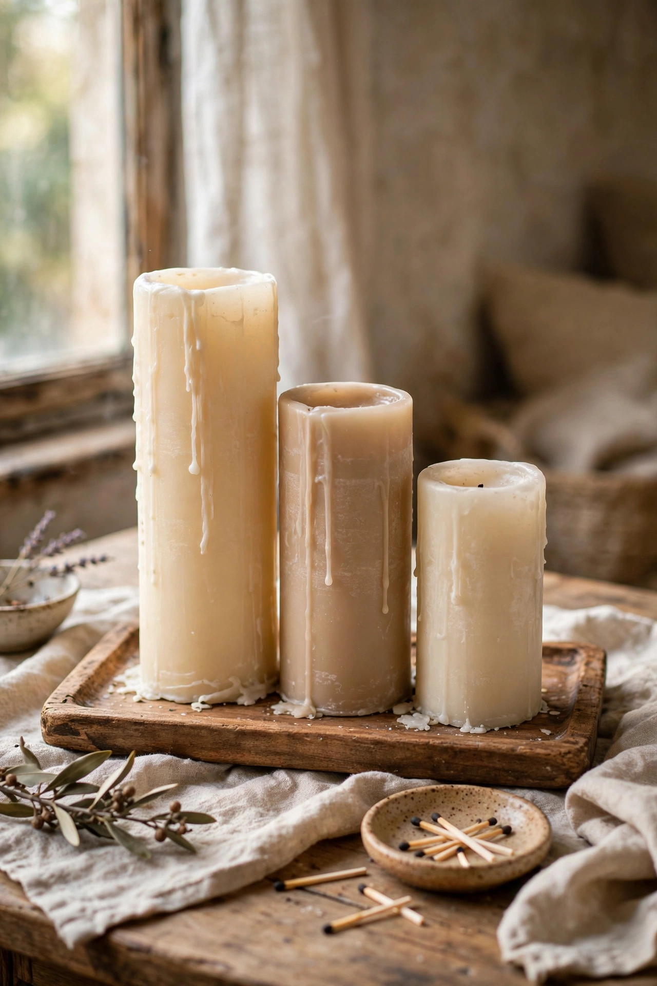 Cream and beige pillar candles in three heights on a wooden tray
