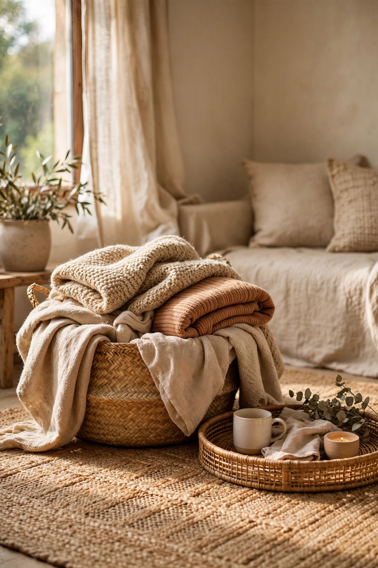 Jute rug, seagrass basket and rattan tray adding natural texture