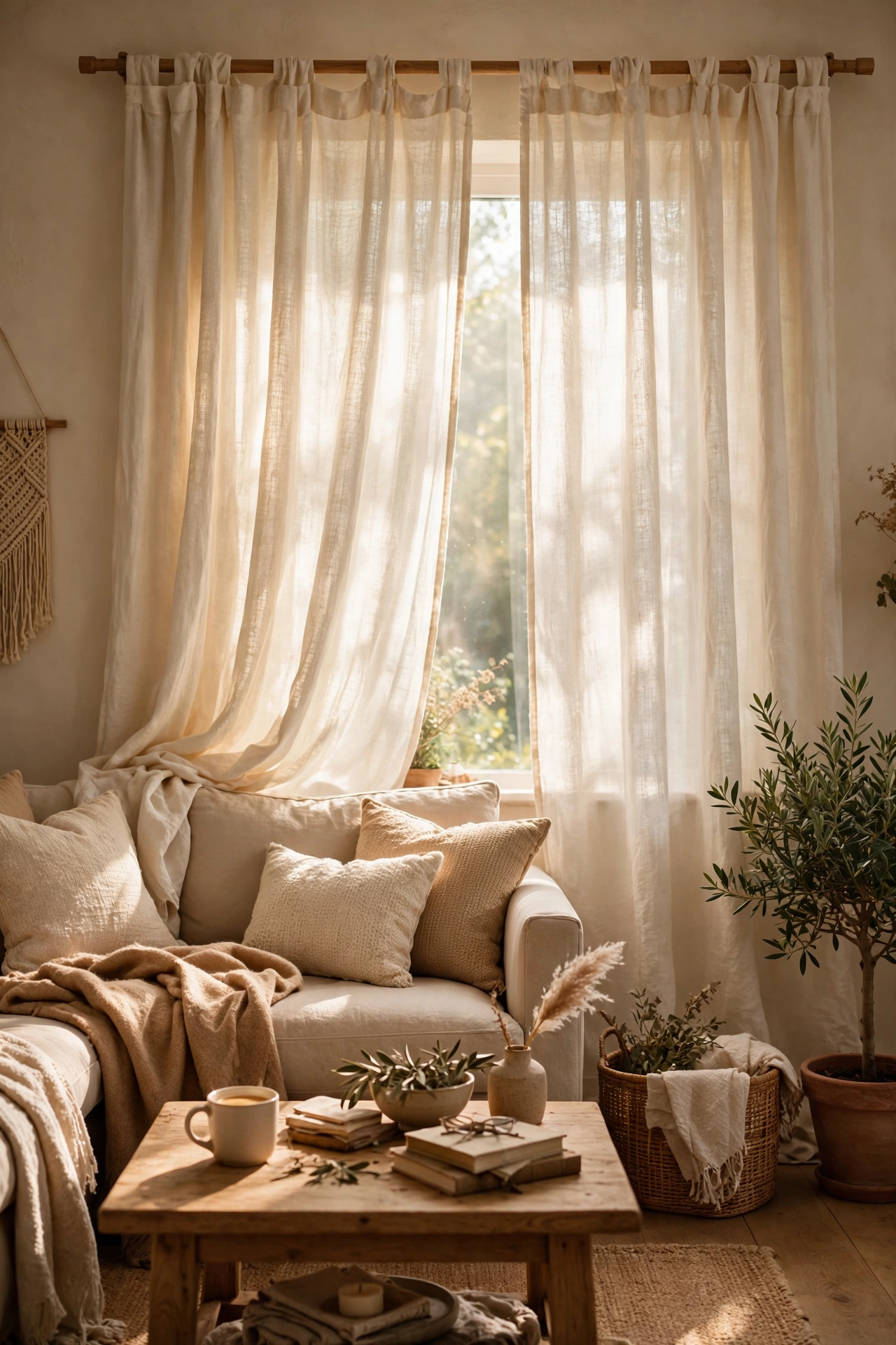 Warm ivory linen look curtains filtering soft morning light