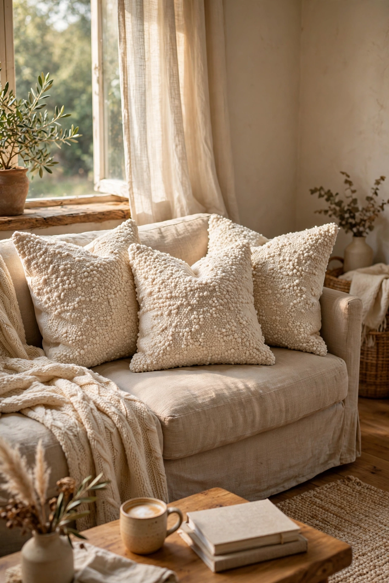Cream bouclé pillows with nubby texture on a beige sofa