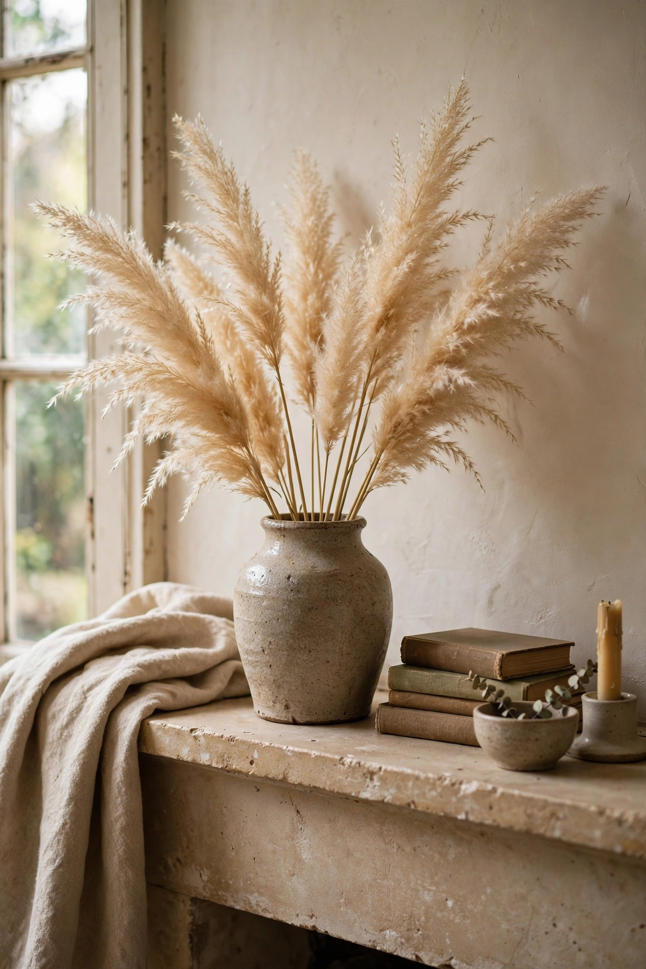 Dried pampas stems in a thrifted stoneware vase on a mantel