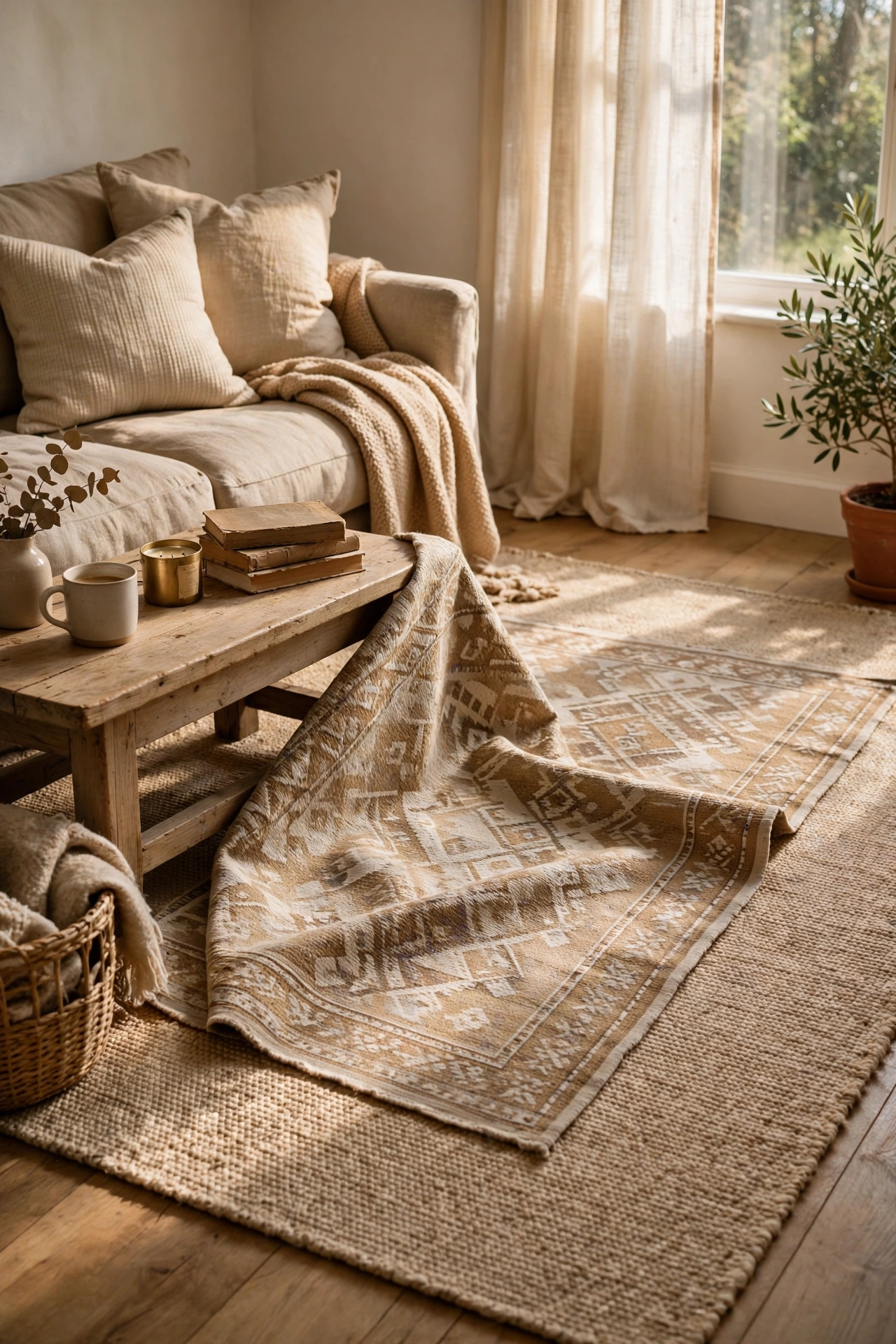 Patterned beige rug layered at an angle over a larger plain rug