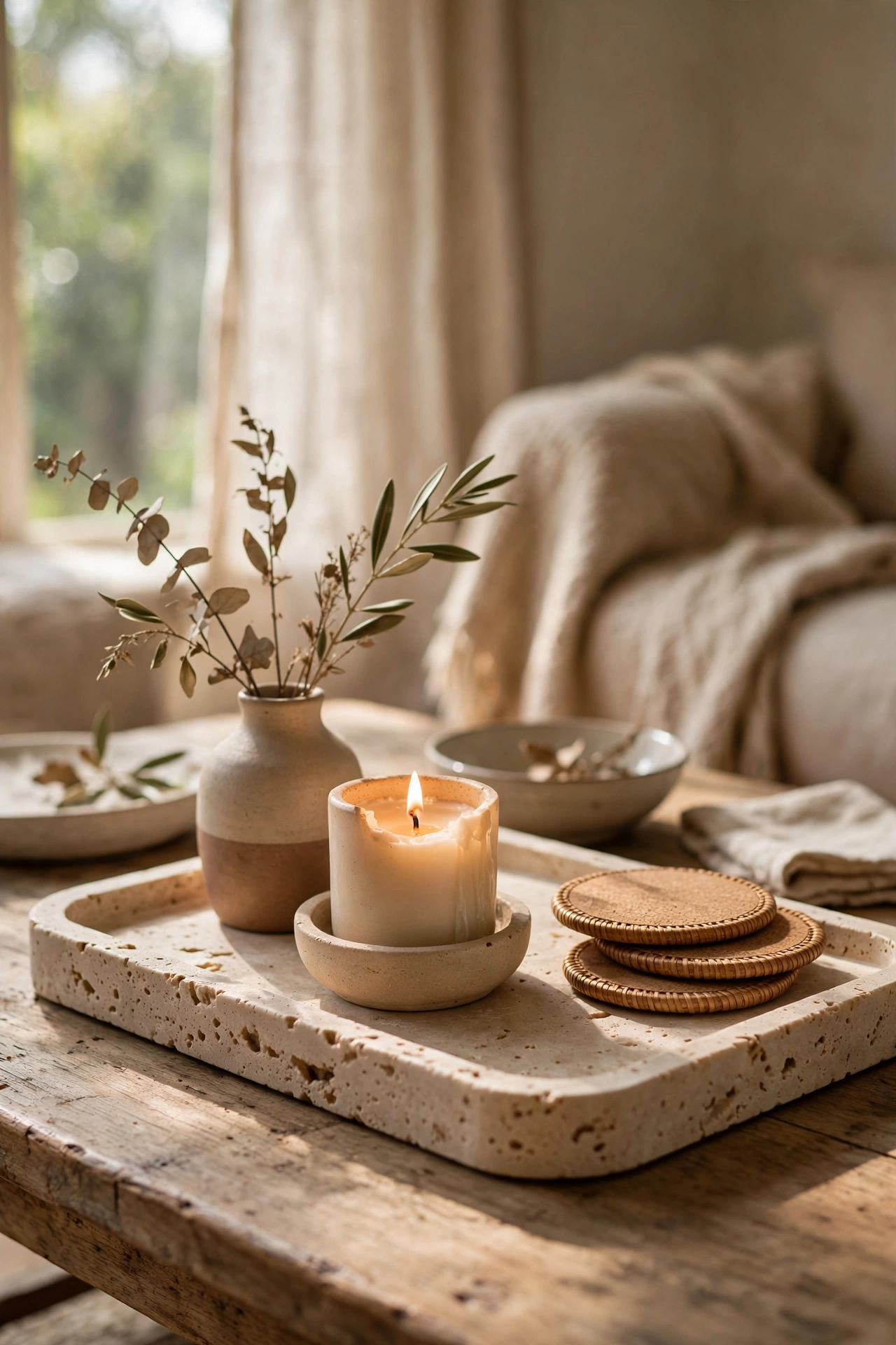 Travertine look tray styled with candle, vase and coasters