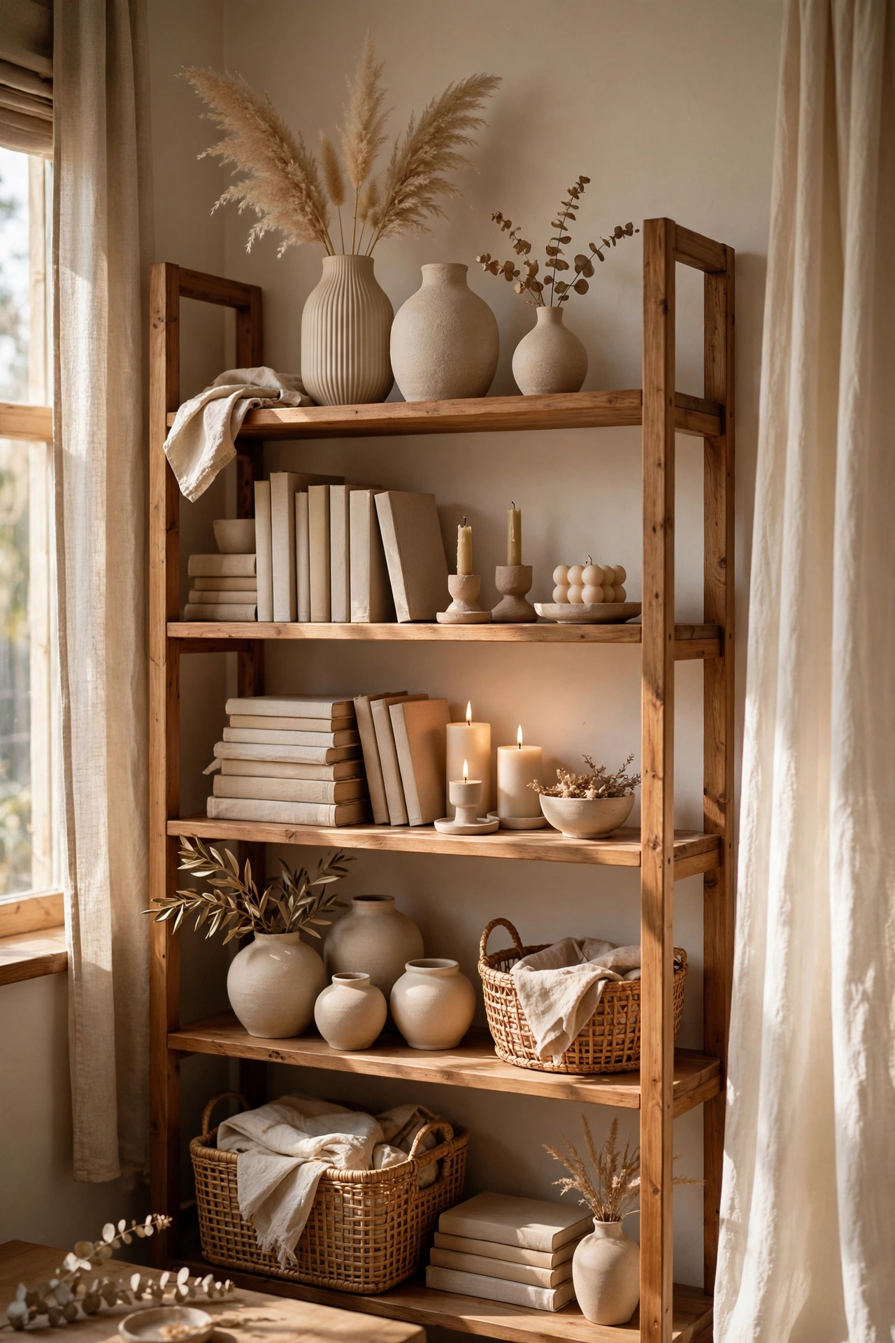 Shelves styled in tonal beige groups with vases, books and candles