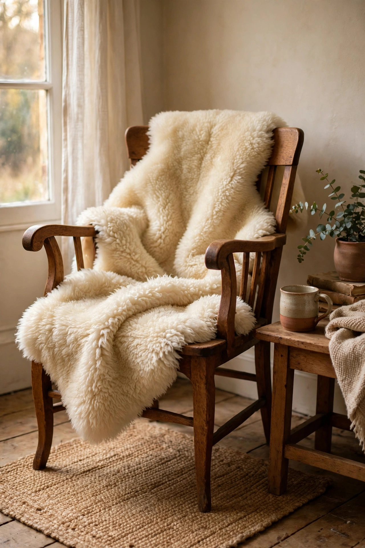 Cream faux sheepskin draped casually over a reading chair