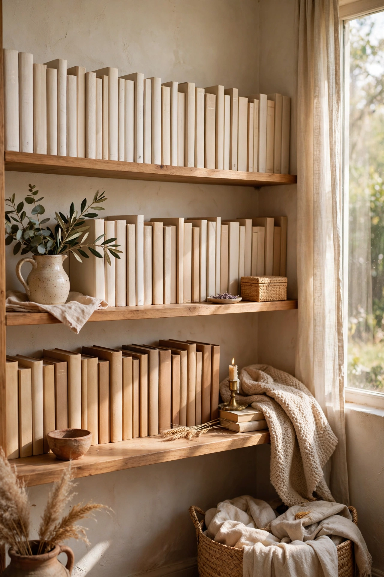Bookshelf with beige, cream and tan book spines in a gentle gradient