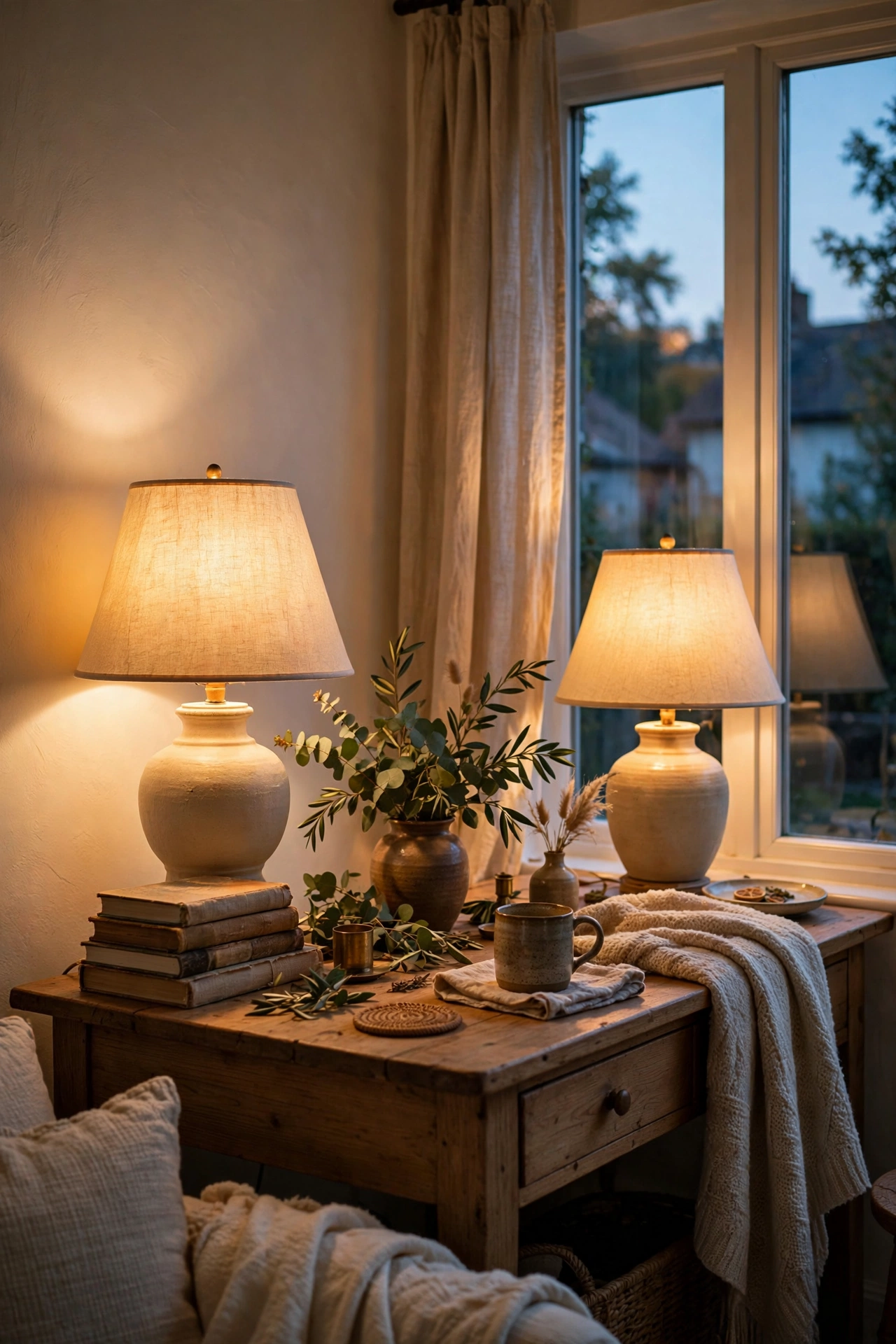 Warm ivory linen lampshades casting a golden evening glow