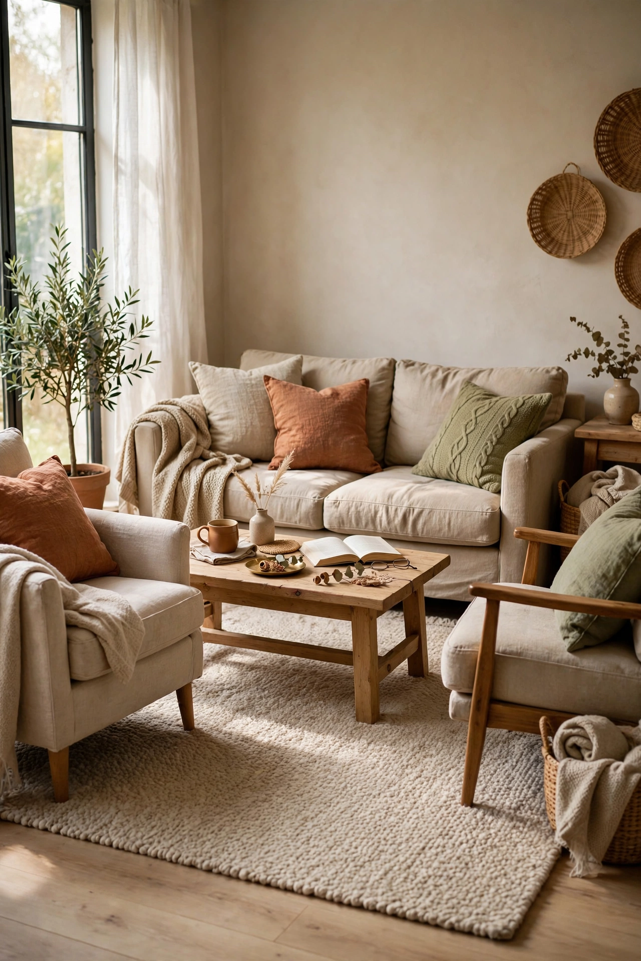 Oatmeal wool blend rug grounding a beige seating area
