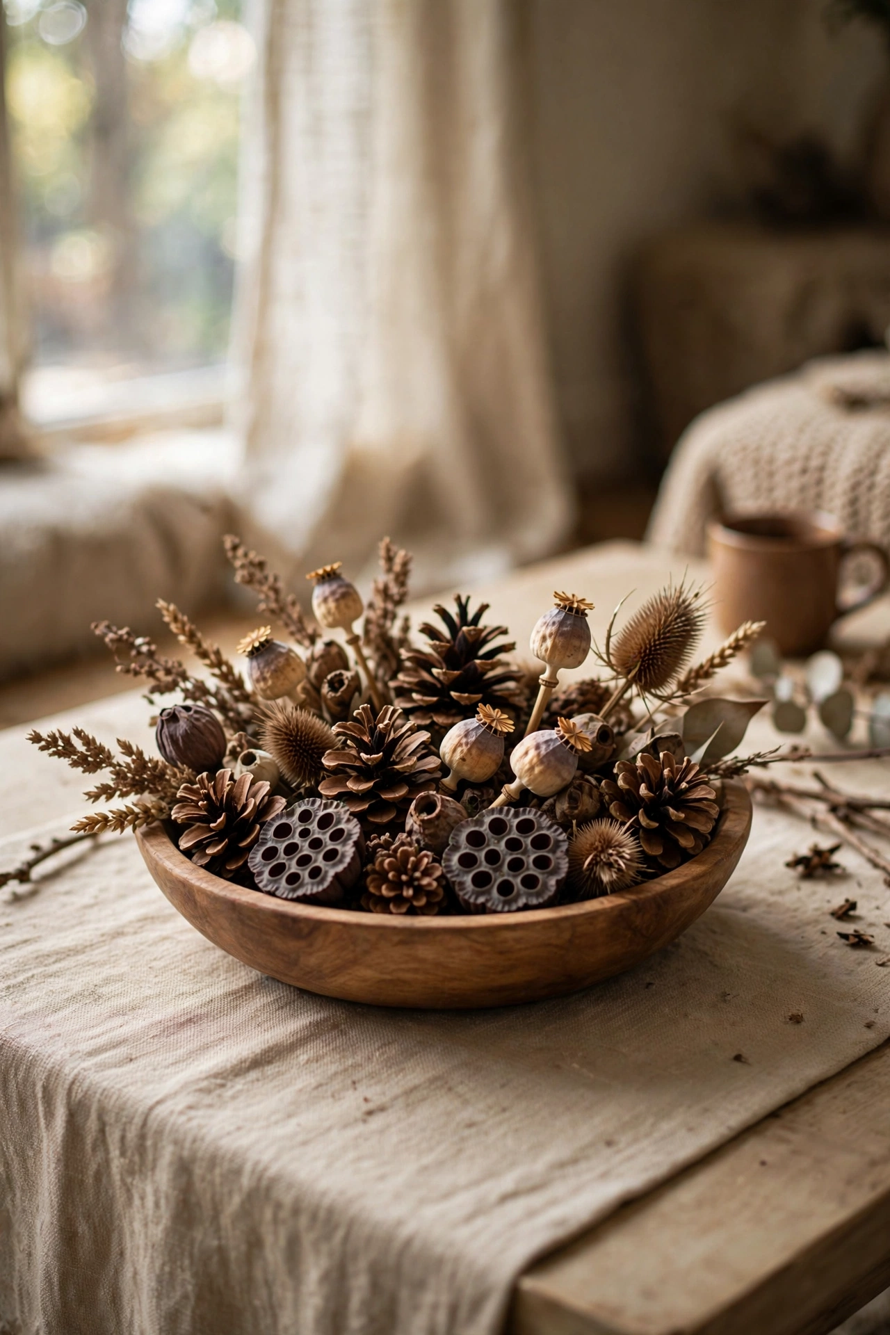 Wooden bowl of pinecones and dried seed heads on a coffee table