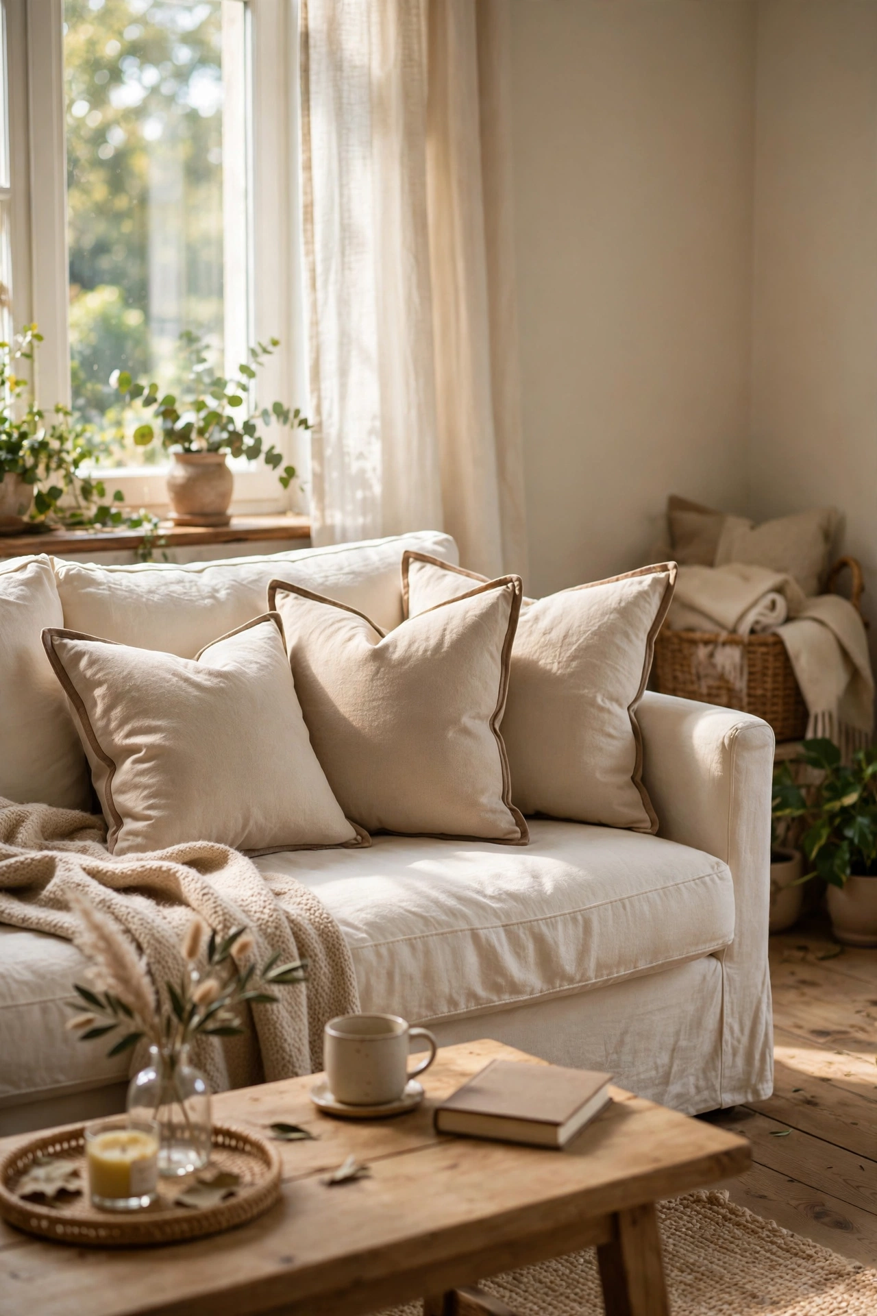 Beige throw pillows with contrast piping detail on a sofa