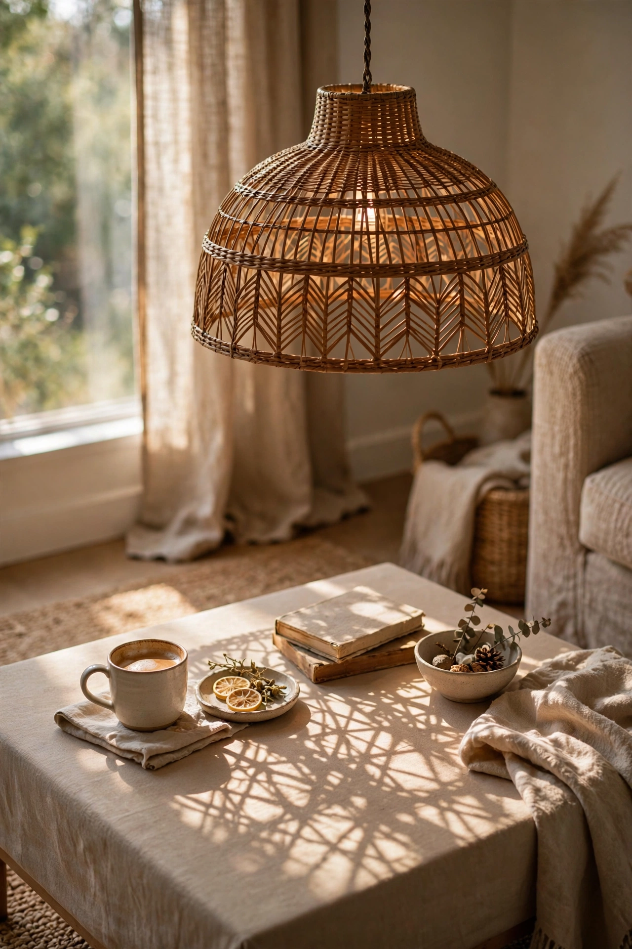 Rattan pendant light casting patterned shadows over a coffee table