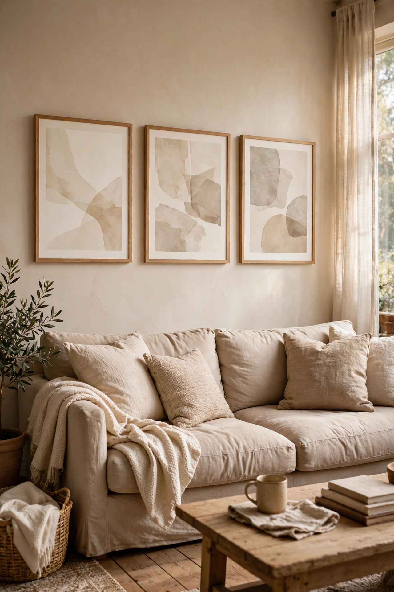 Three abstract prints in cream, sand and stone tones above a sofa