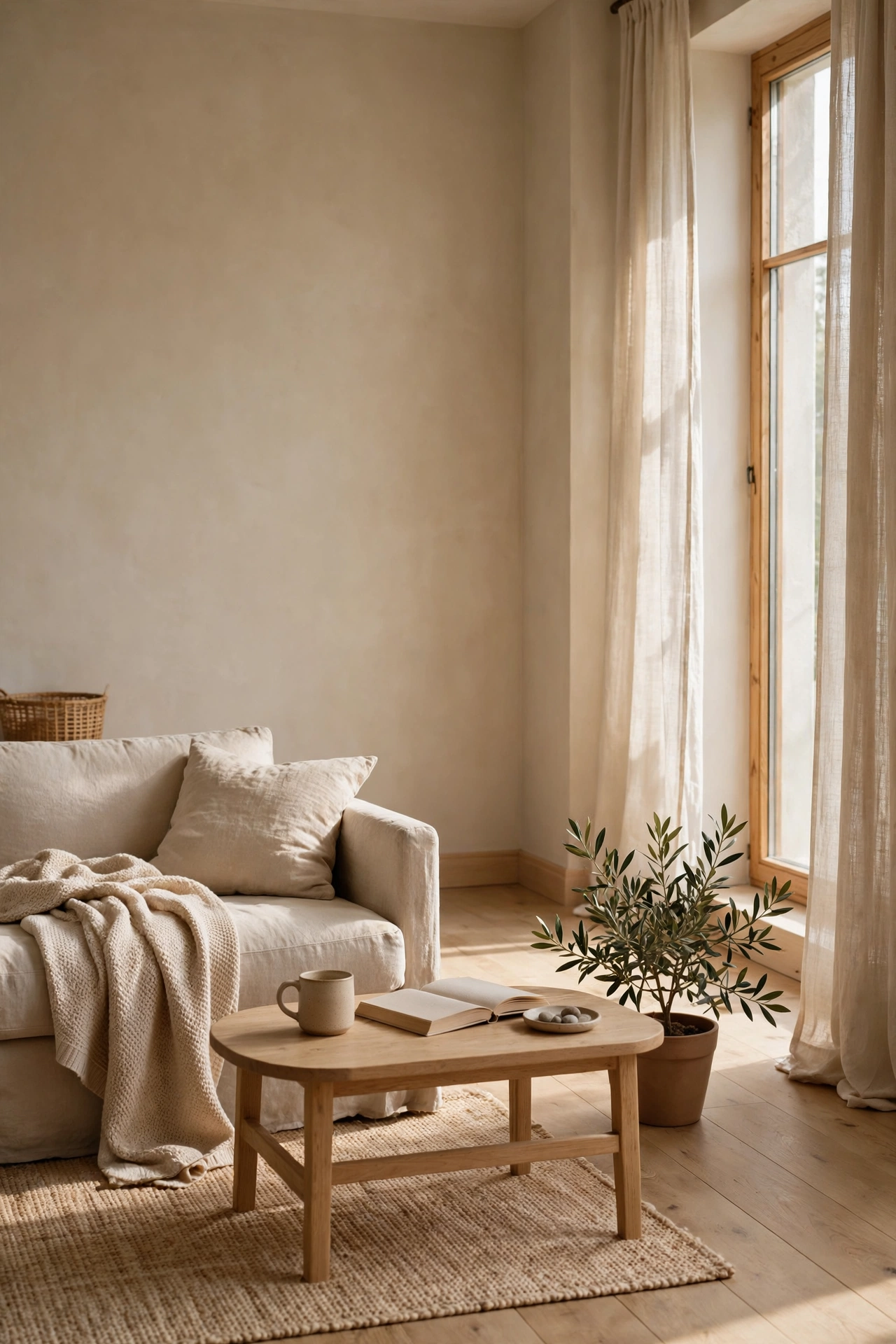 Calm beige living room with generous breathing room after decluttering