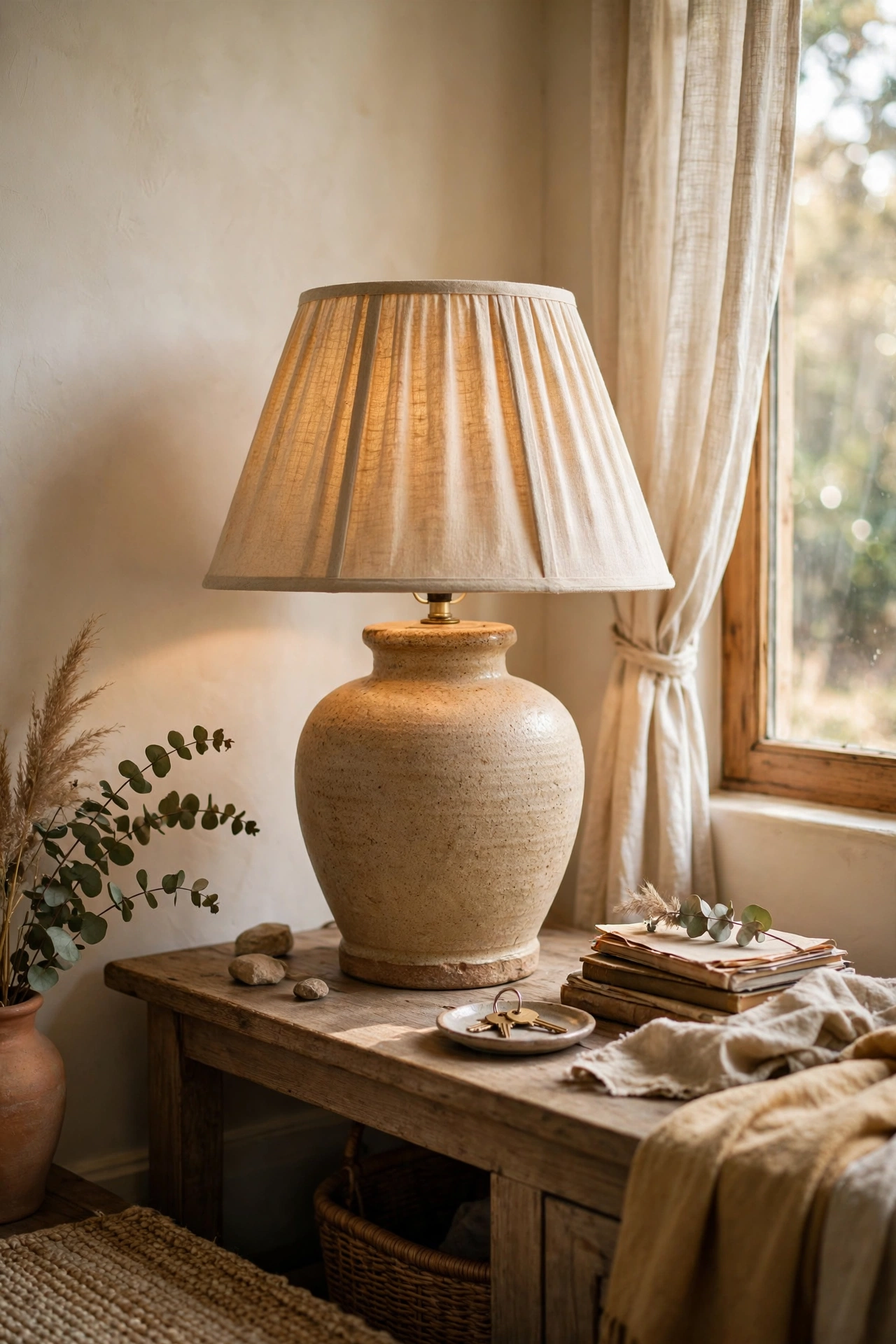Thrifted ceramic table lamp in sandy tone with a linen shade