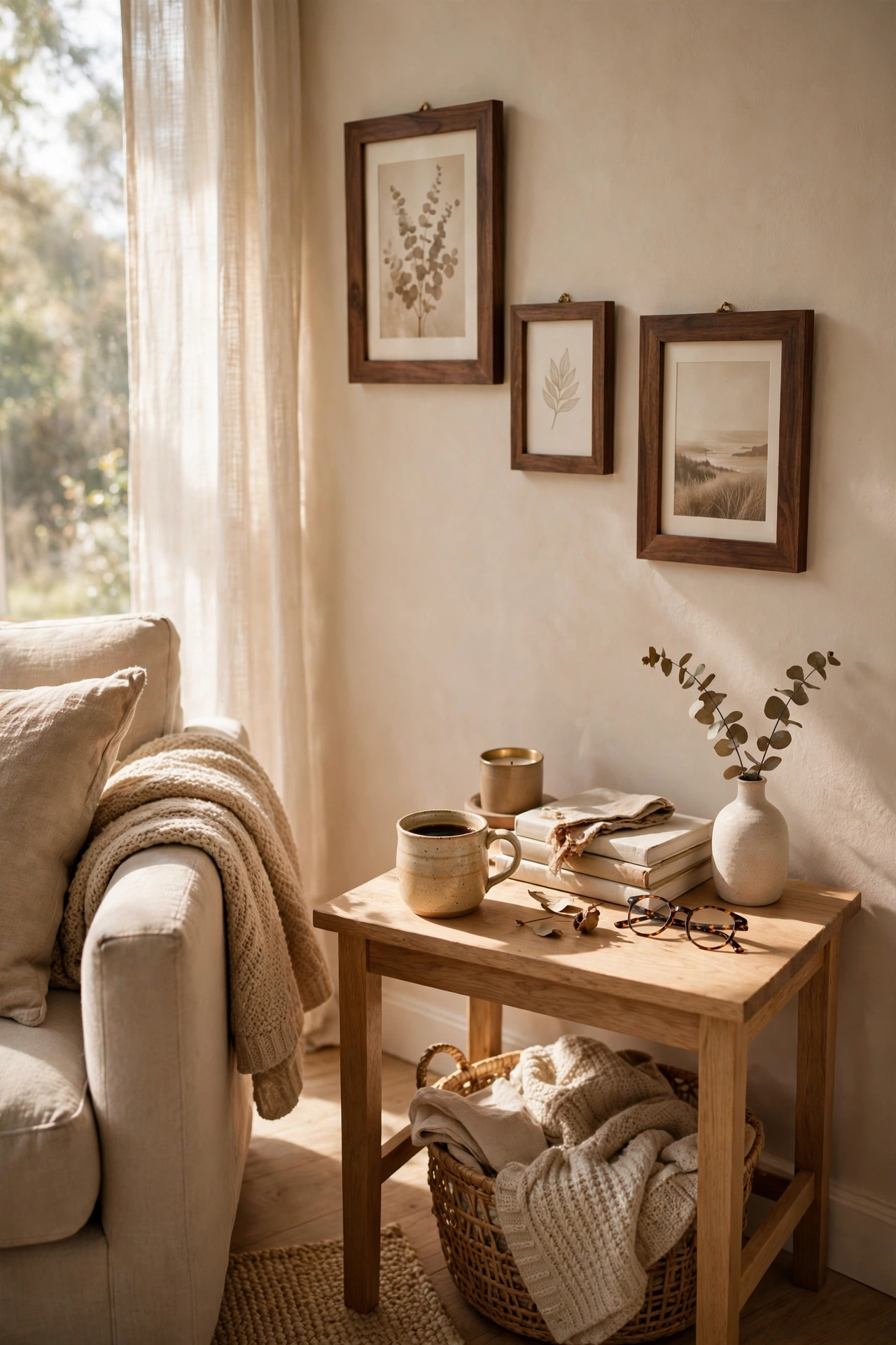 Light oak side table and walnut frames warming a beige living room