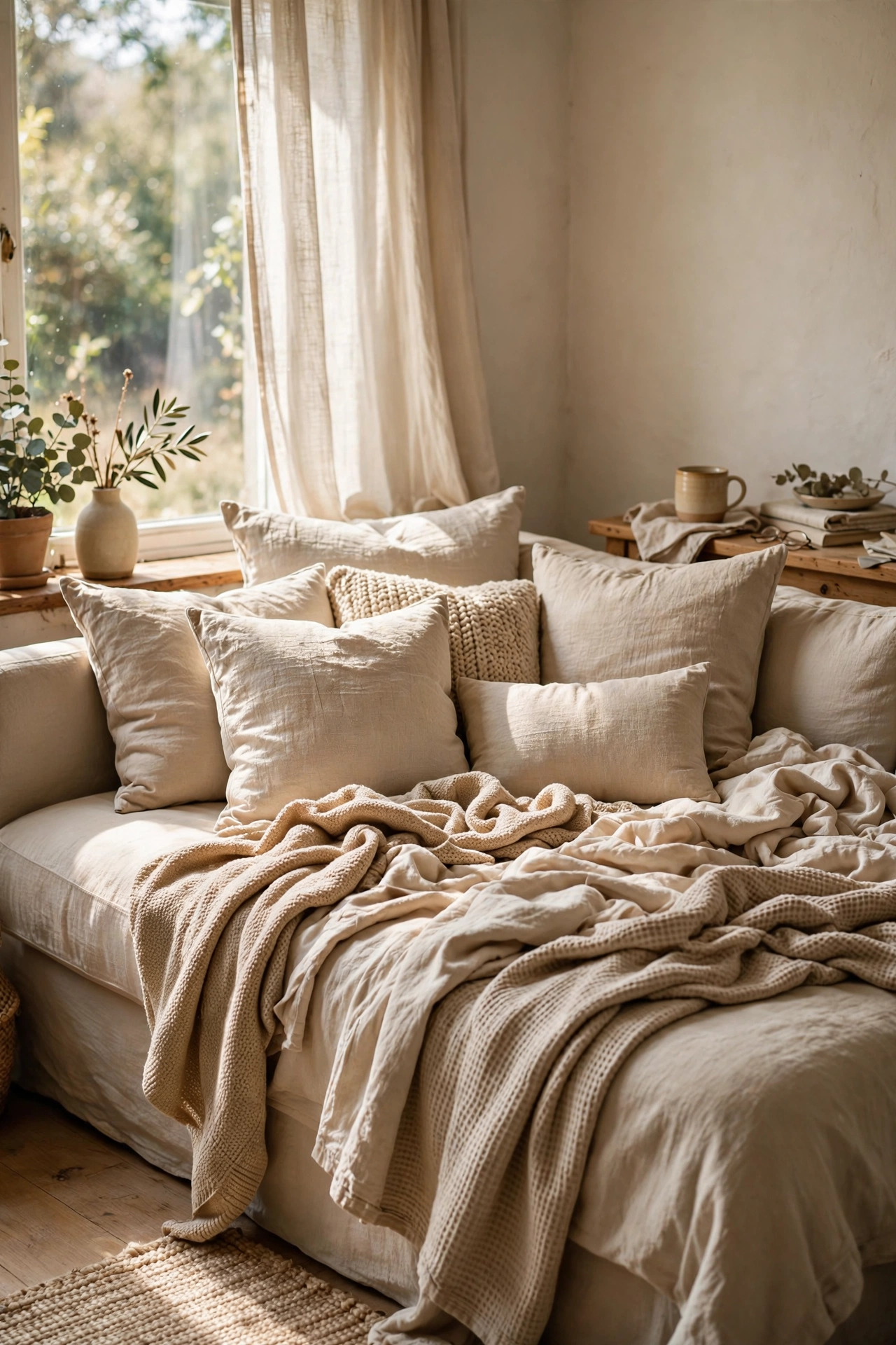 Sofa dressed in layered beige tones like a styled bed