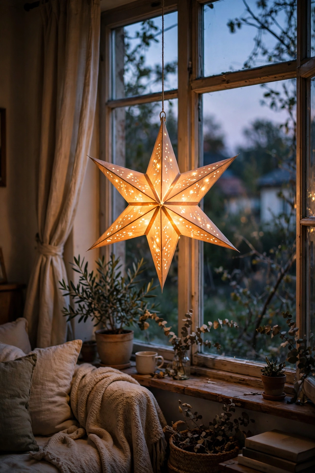 Paper star lantern glowing warmly in a living room window at dusk