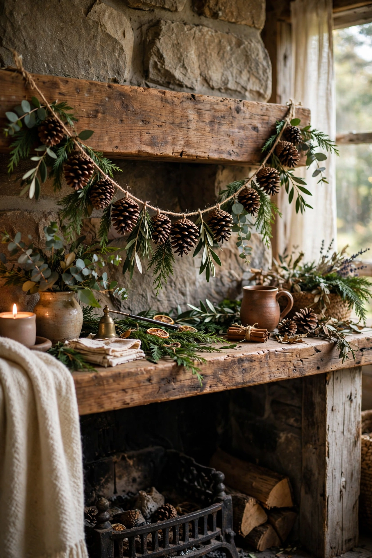Pinecone garland draped across a rustic fireplace mantel