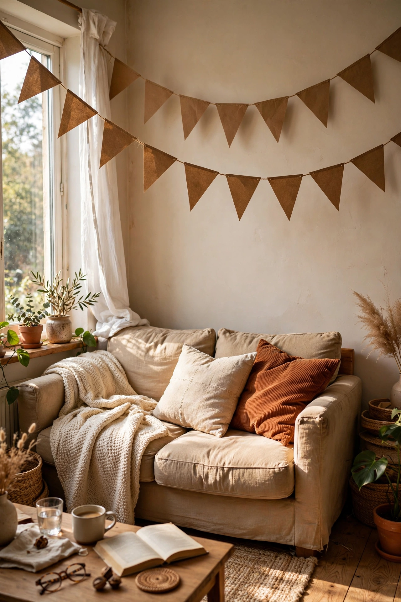 Brown kraft paper bunting strung above a cozy sofa