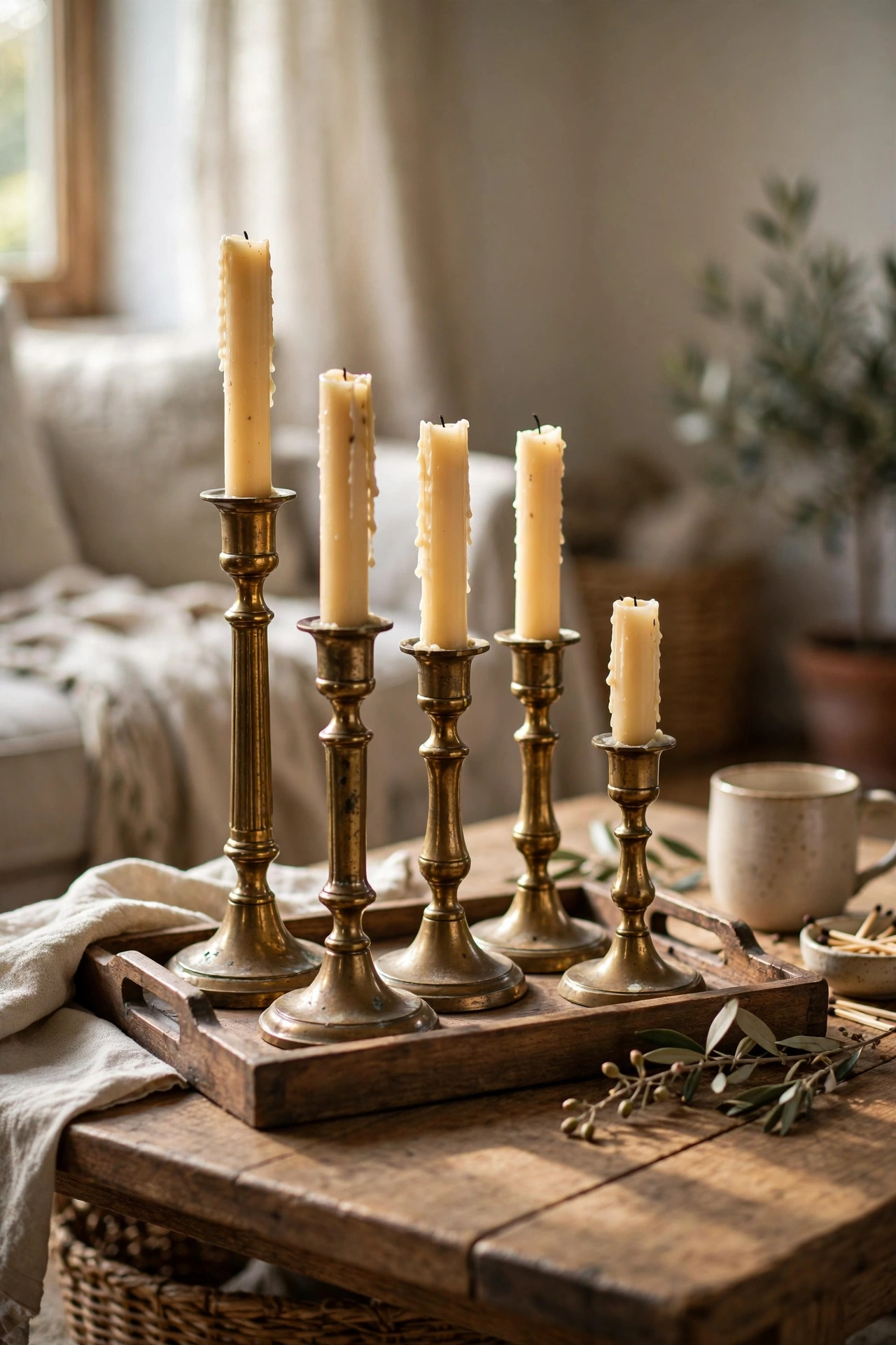 Cluster of thrifted brass candlesticks on a coffee table