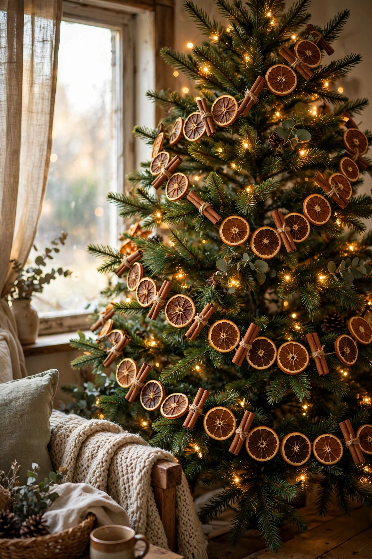Dried orange slice garland hanging on a Christmas tree