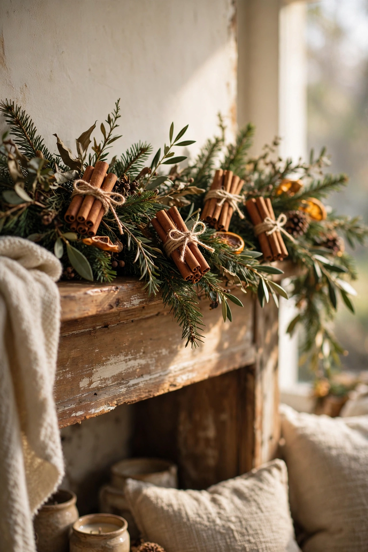 Cinnamon stick bundles tied with twine on a mantel