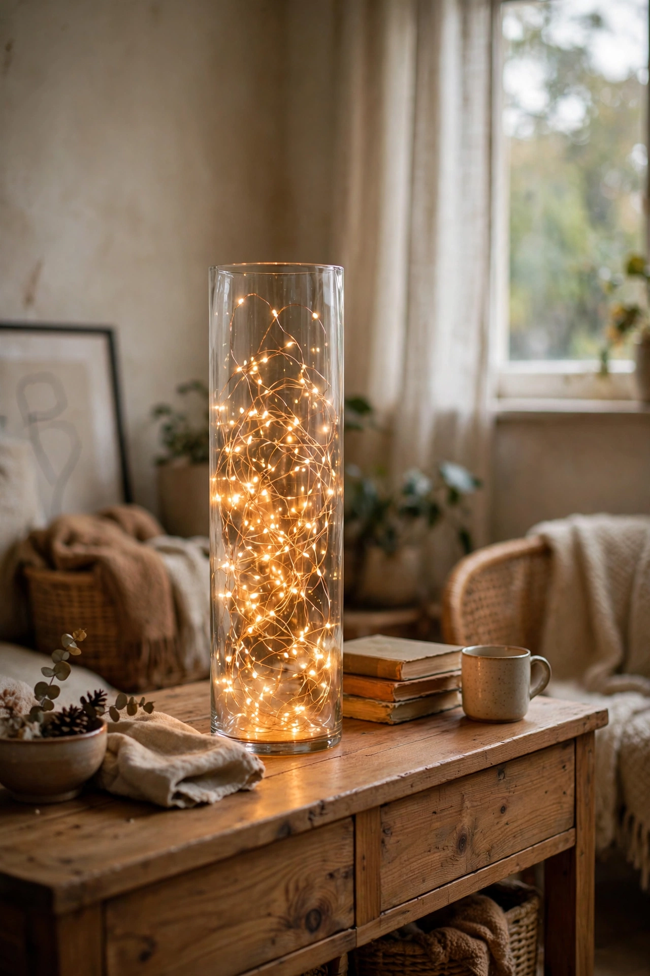 Fairy lights glowing inside a tall glass vase on a sideboard