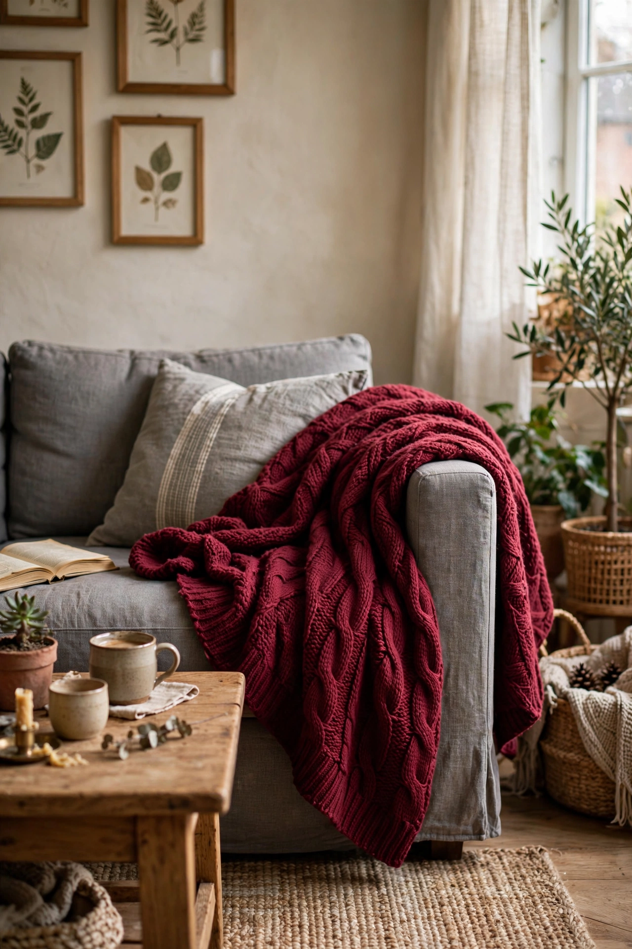 Deep red throw blanket draped over a grey sofa arm