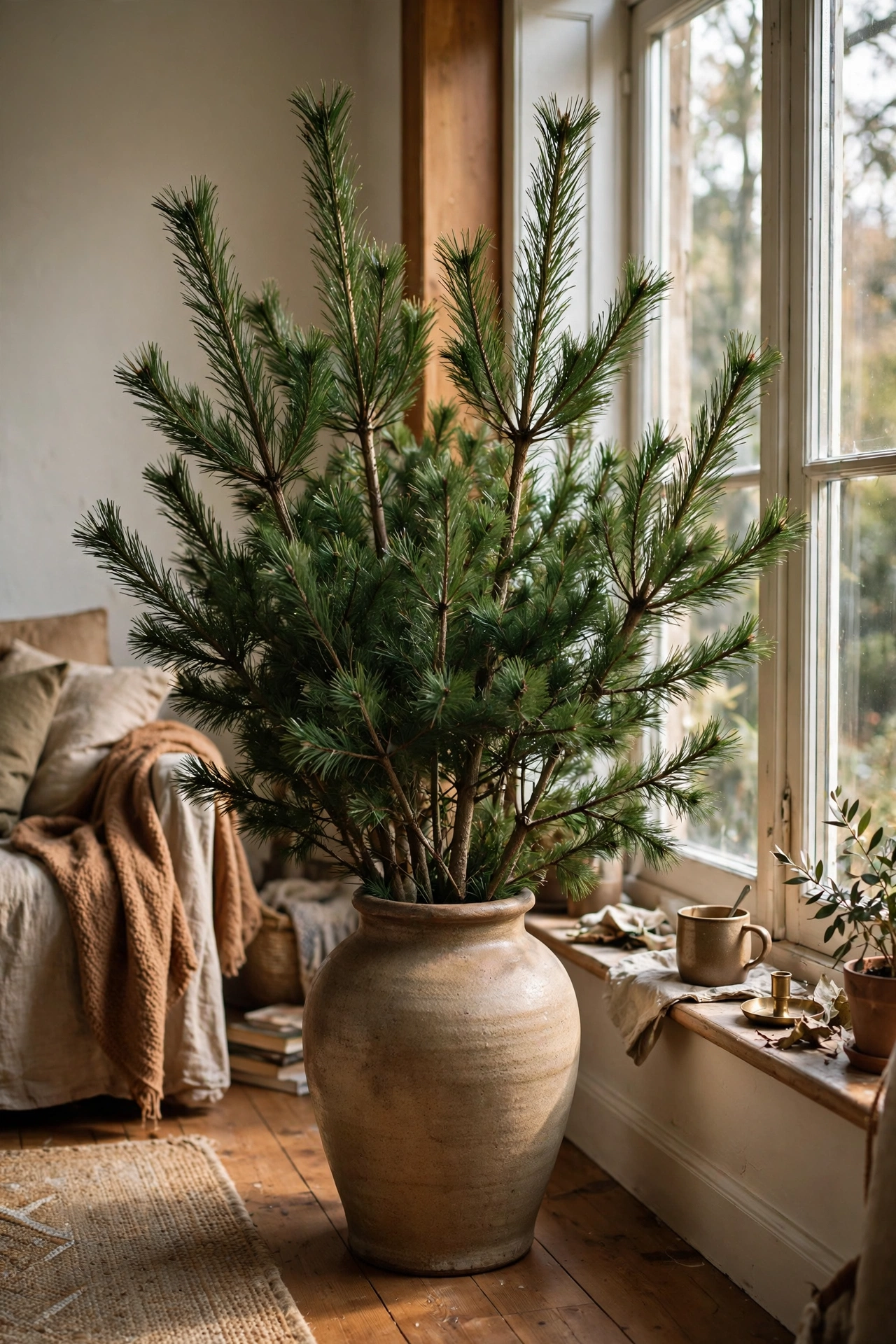 Tall pine branches arranged in a floor vase by a window