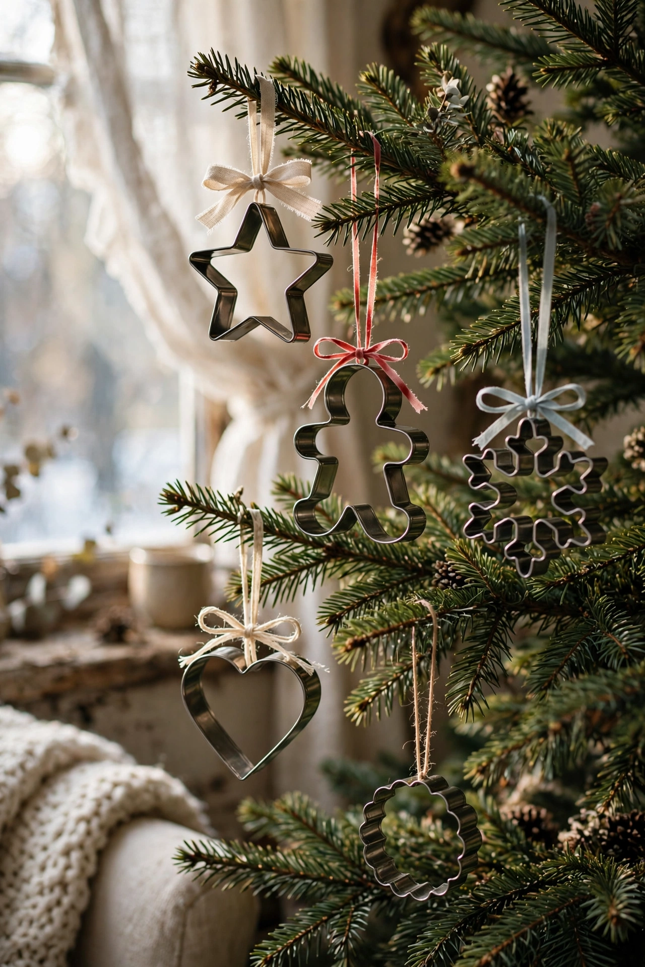 Metal cookie cutters tied with ribbon hanging on a Christmas tree
